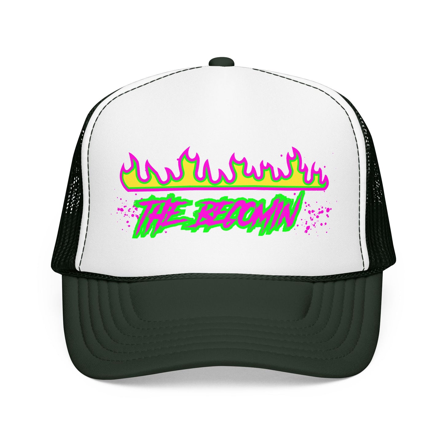 Neon Flame 'The Reccmn' Trucker Hat — Retro 80s Skate Punk Foam Mesh Cap