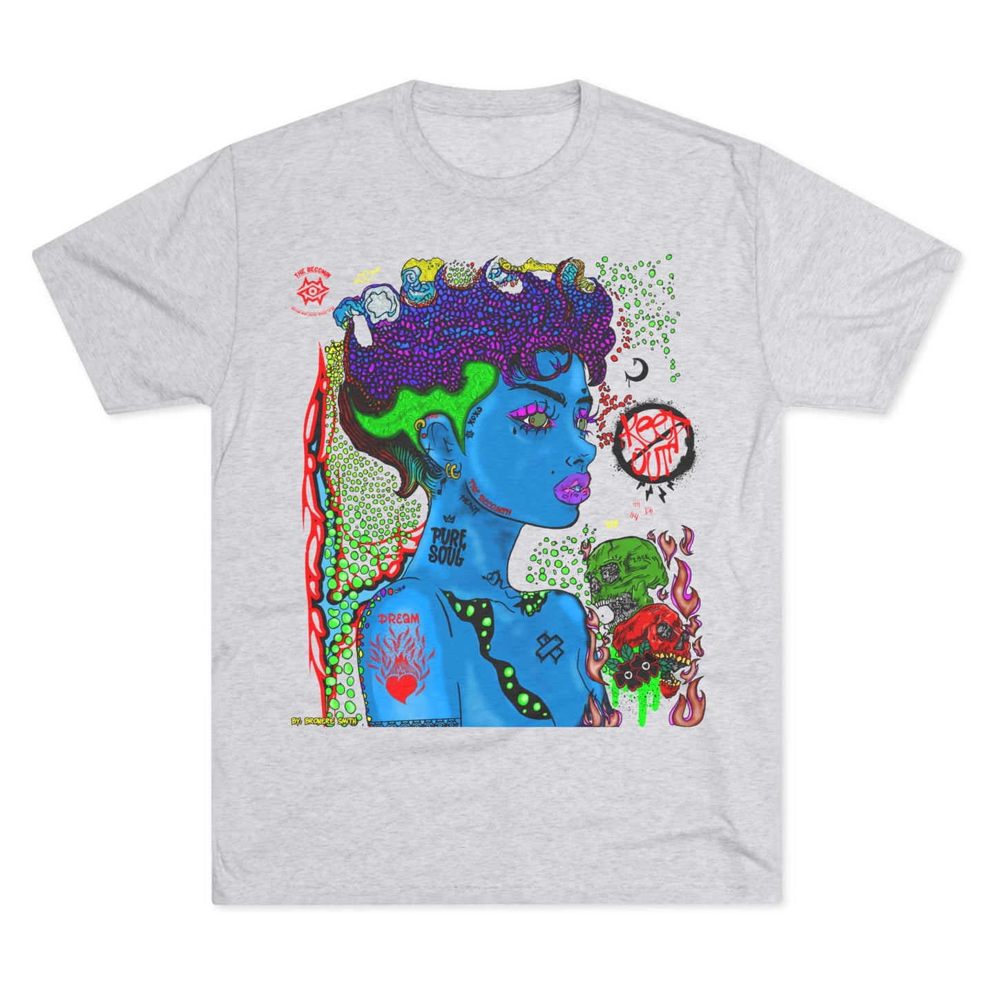 Psychedelic Blue Portrait Tee — Vivid Heart Grasp Graphic T-Shirt