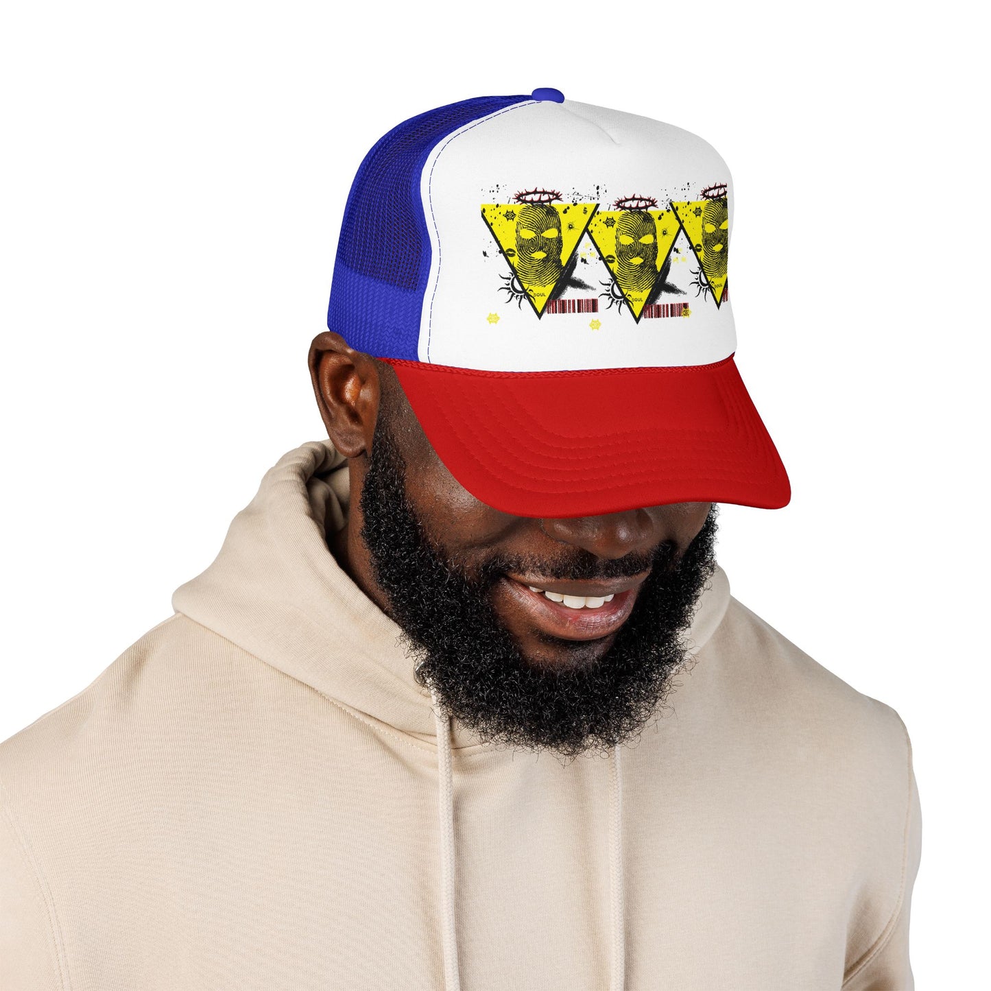 Trucker Hat — Grunge Yellow Skulls Triangle Graphic Foam Cap