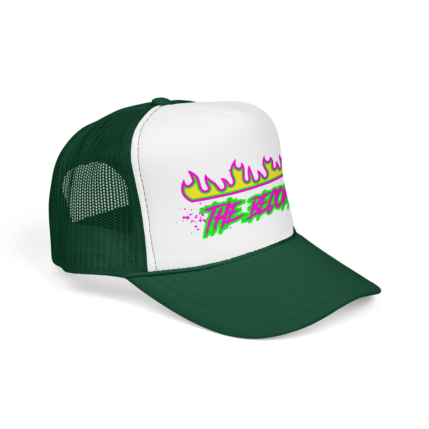 Neon Flame 'The Reccmn' Trucker Hat — Retro 80s Skate Punk Foam Mesh Cap