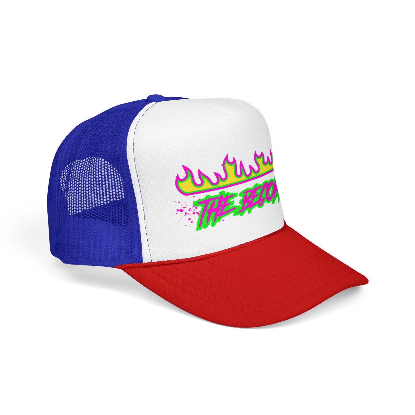 Neon Flame 'The Reccmn' Trucker Hat — Retro 80s Skate Punk Foam Mesh Cap