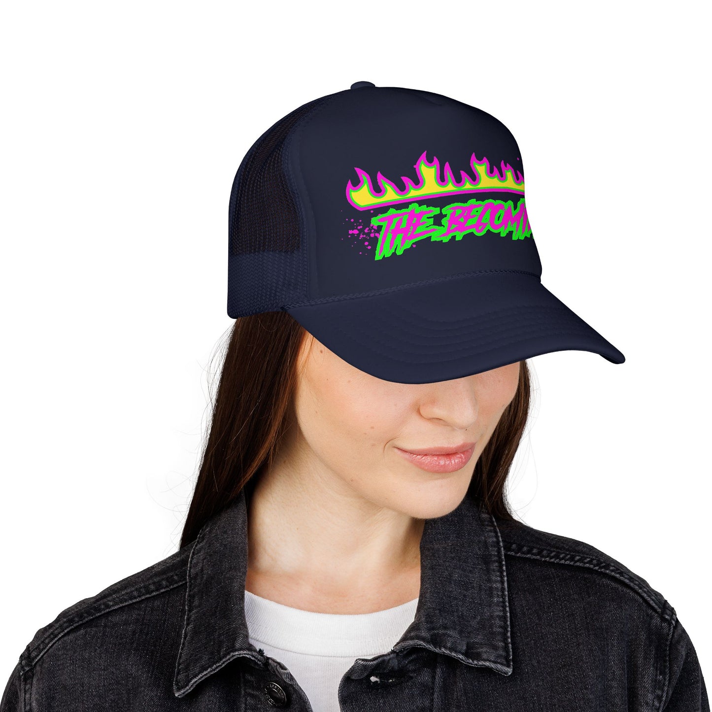 Neon Flame 'The Reccmn' Trucker Hat — Retro 80s Skate Punk Foam Mesh Cap