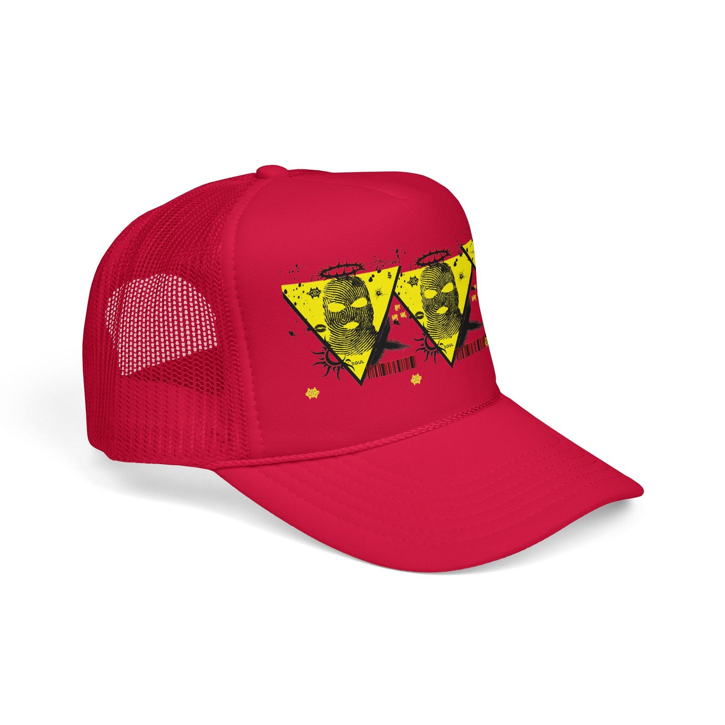 Trucker Hat — Grunge Yellow Skulls Triangle Graphic Foam Cap