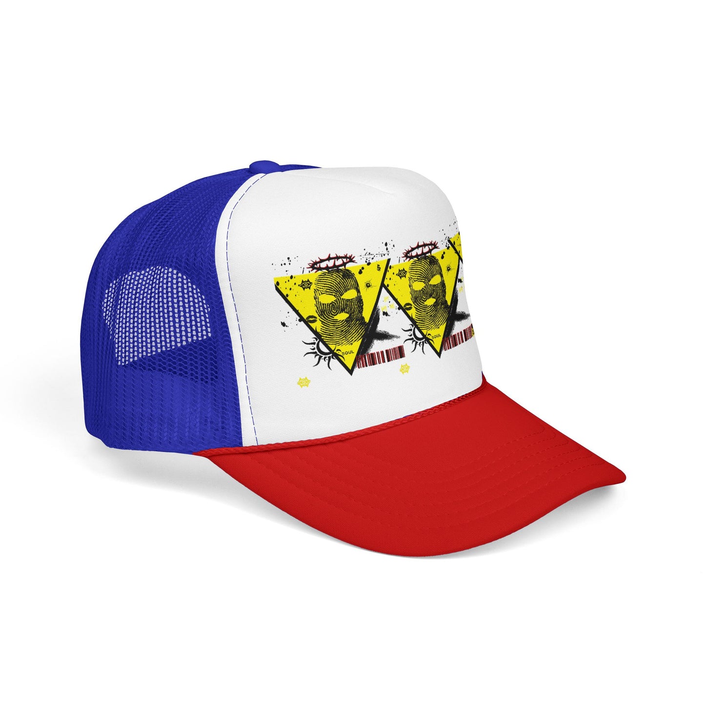 Trucker Hat — Grunge Yellow Skulls Triangle Graphic Foam Cap