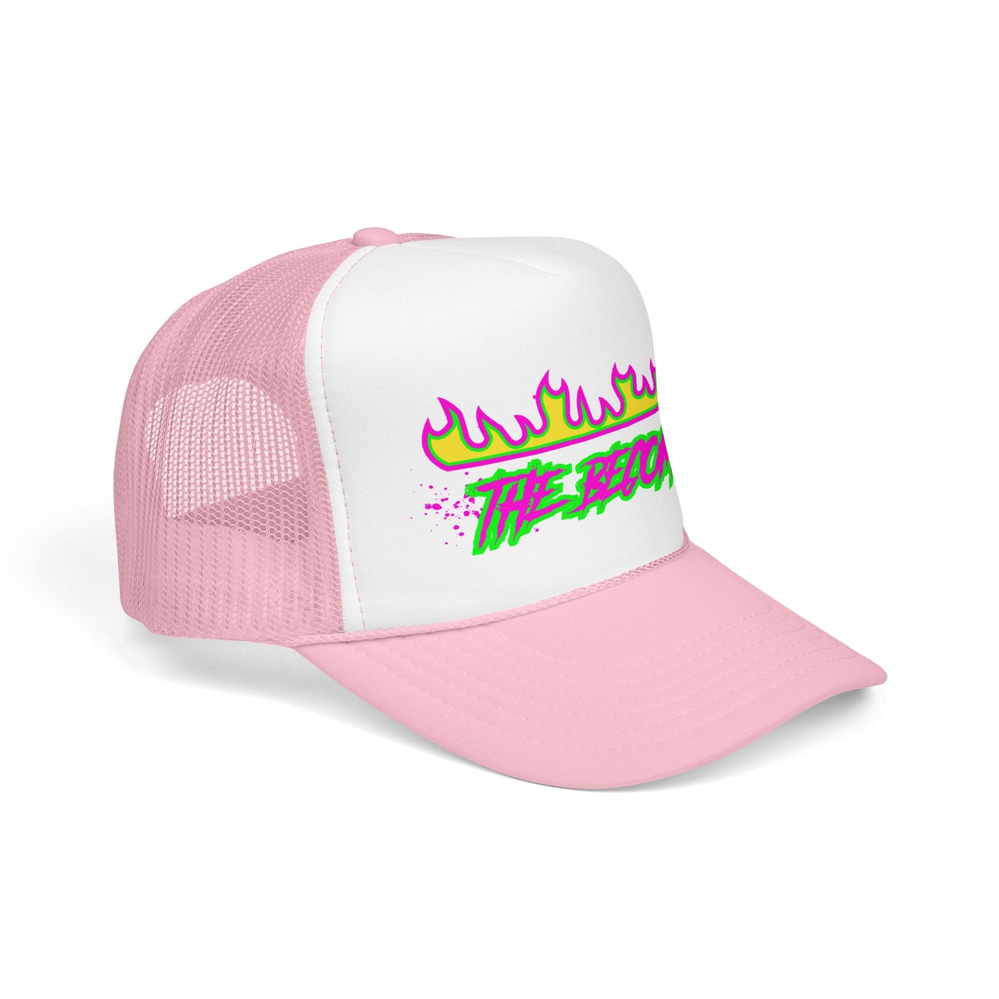Neon Flame 'The Reccmn' Trucker Hat — Retro 80s Skate Punk Foam Mesh Cap
