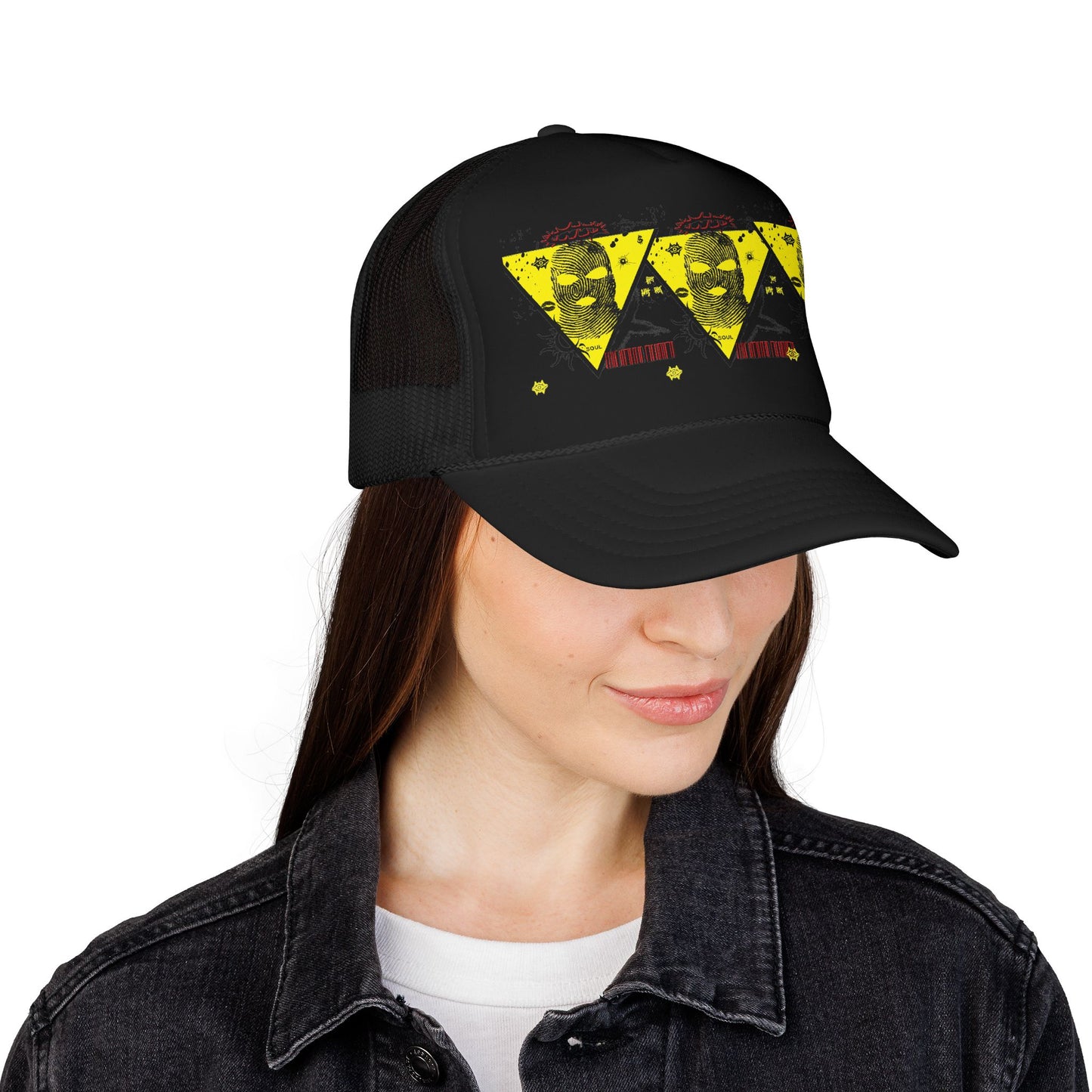 Trucker Hat — Grunge Yellow Skulls Triangle Graphic Foam Cap