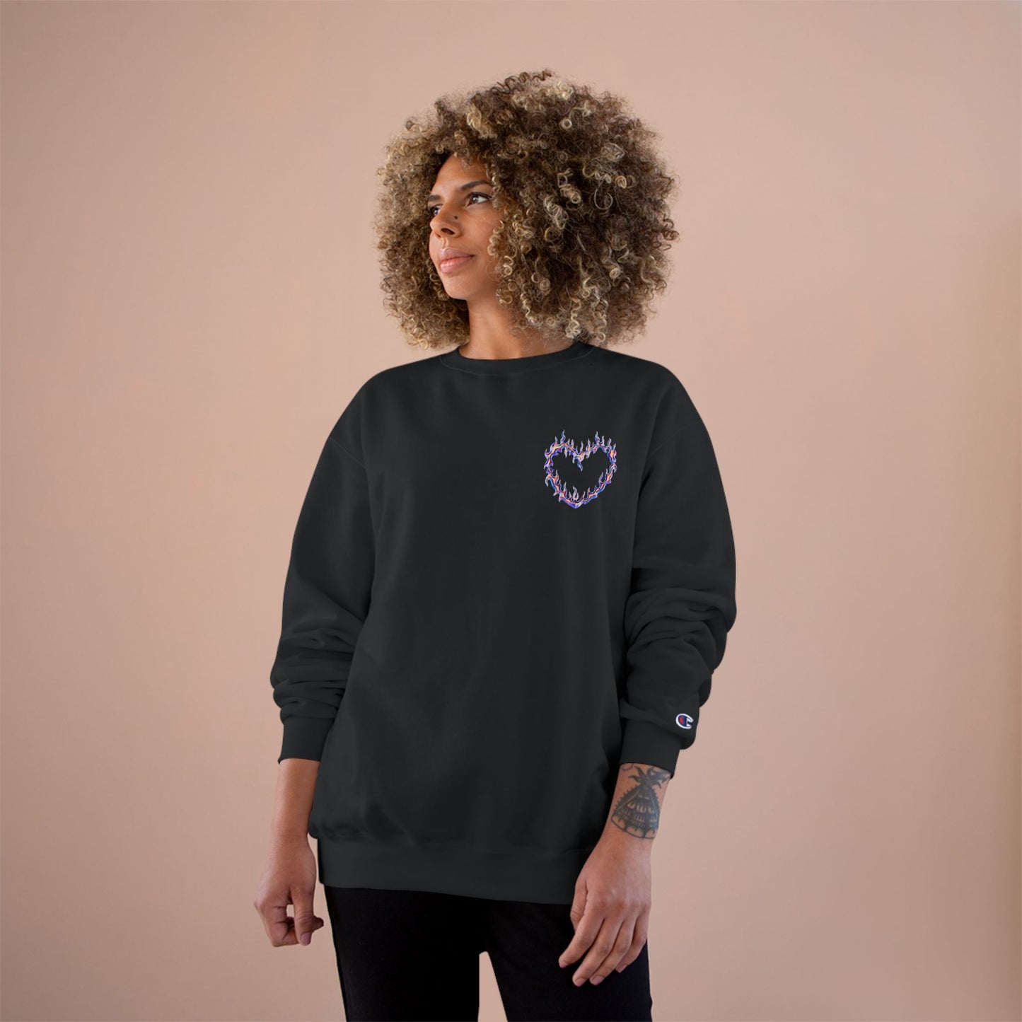 Bold Art Champion Sweatshirt with Heart & Graphic Design