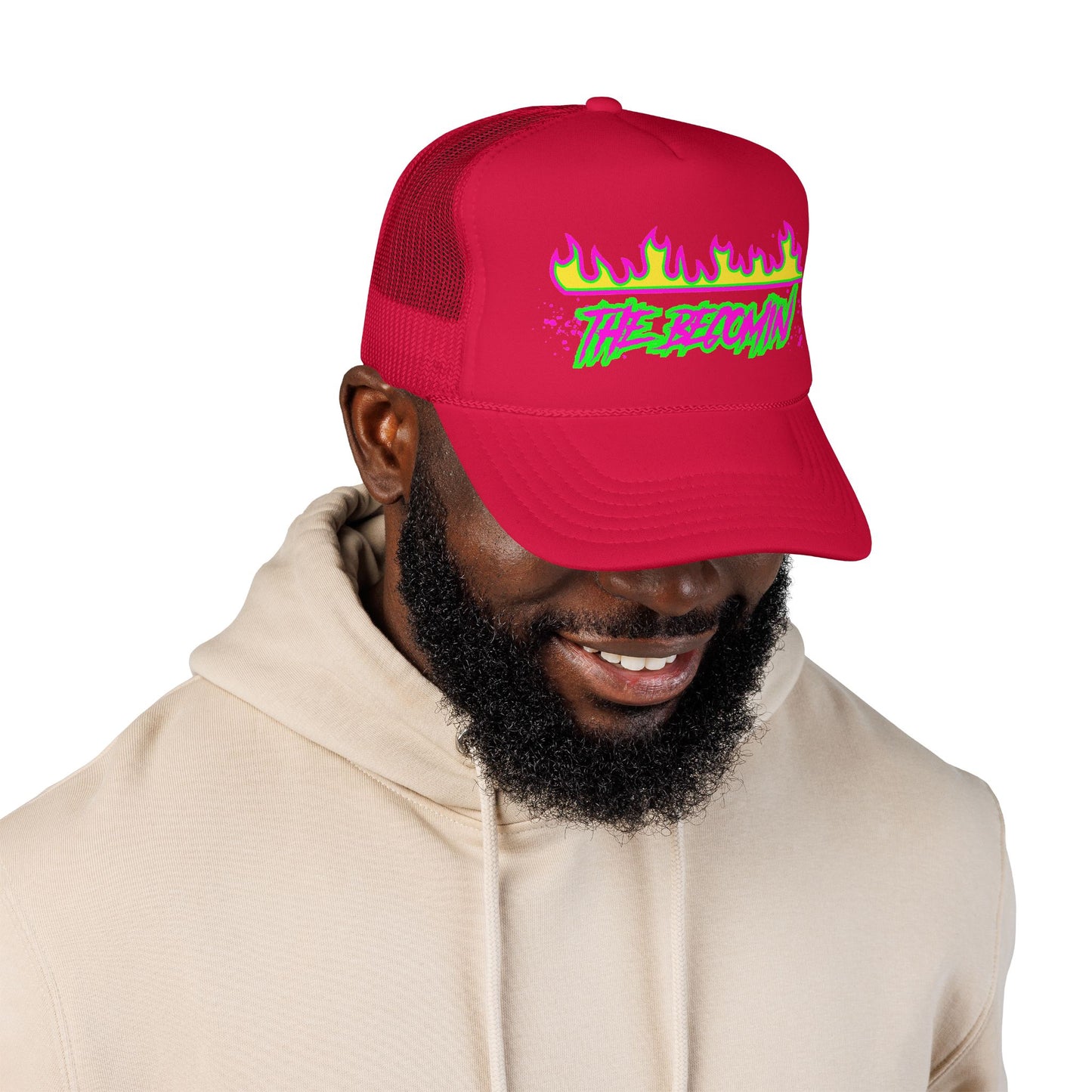 Neon Flame 'The Reccmn' Trucker Hat — Retro 80s Skate Punk Foam Mesh Cap