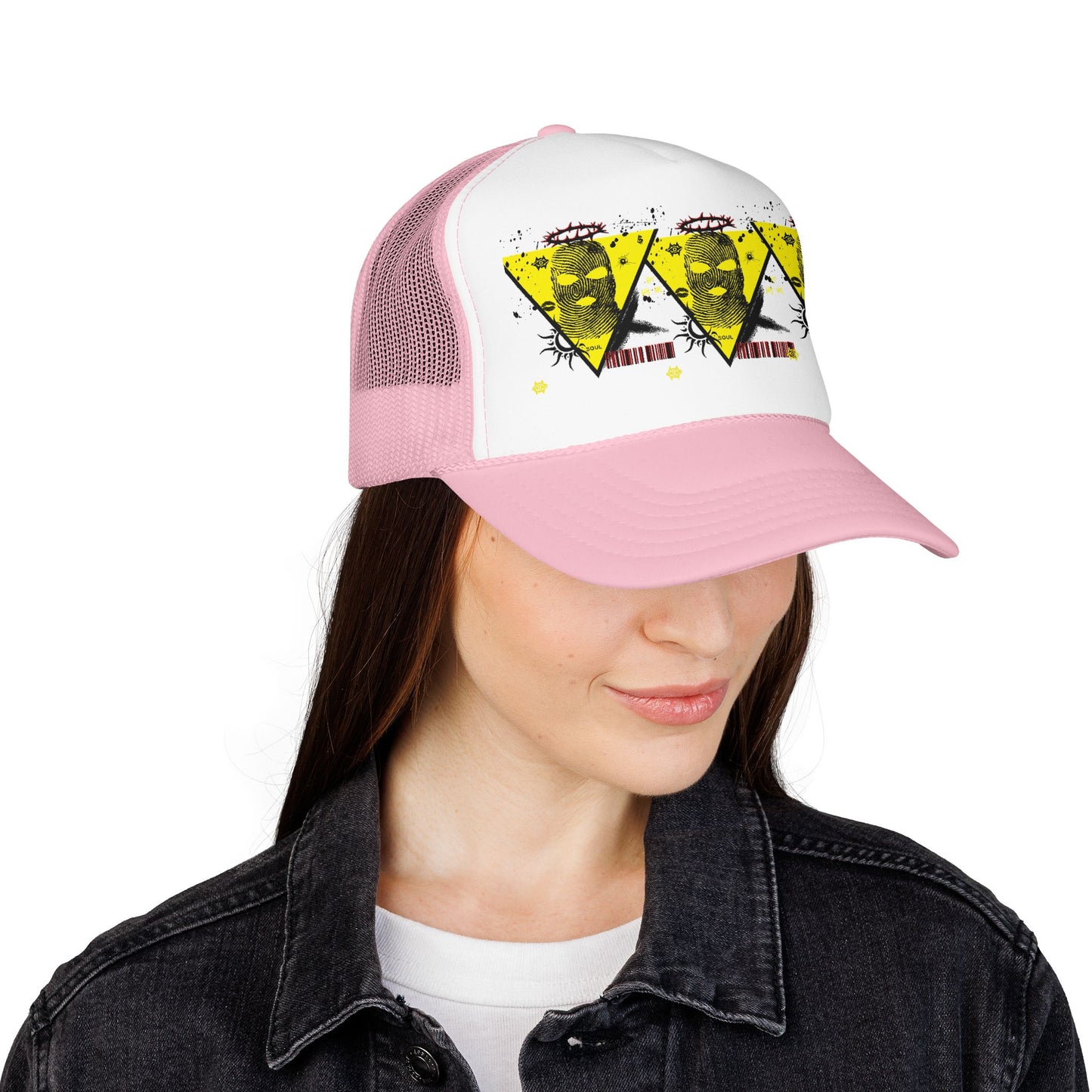 Trucker Hat — Grunge Yellow Skulls Triangle Graphic Foam Cap