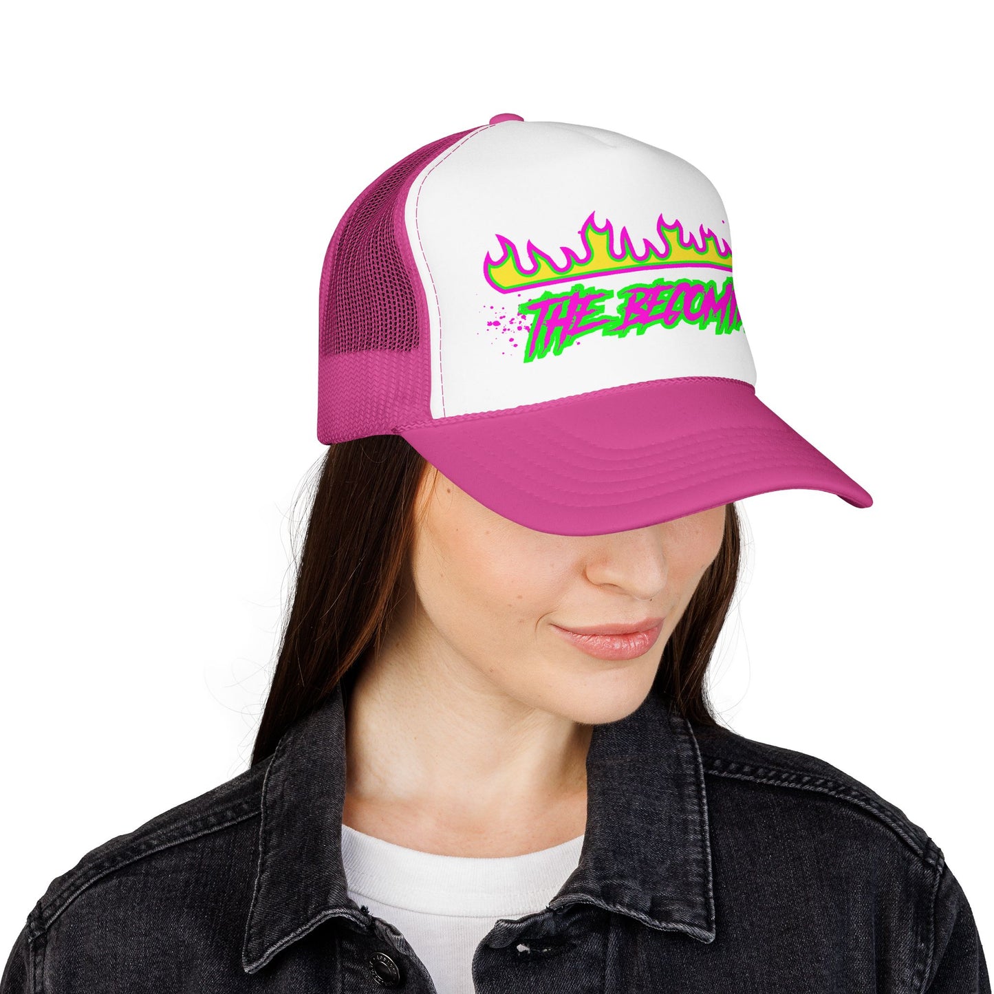 Neon Flame 'The Reccmn' Trucker Hat — Retro 80s Skate Punk Foam Mesh Cap