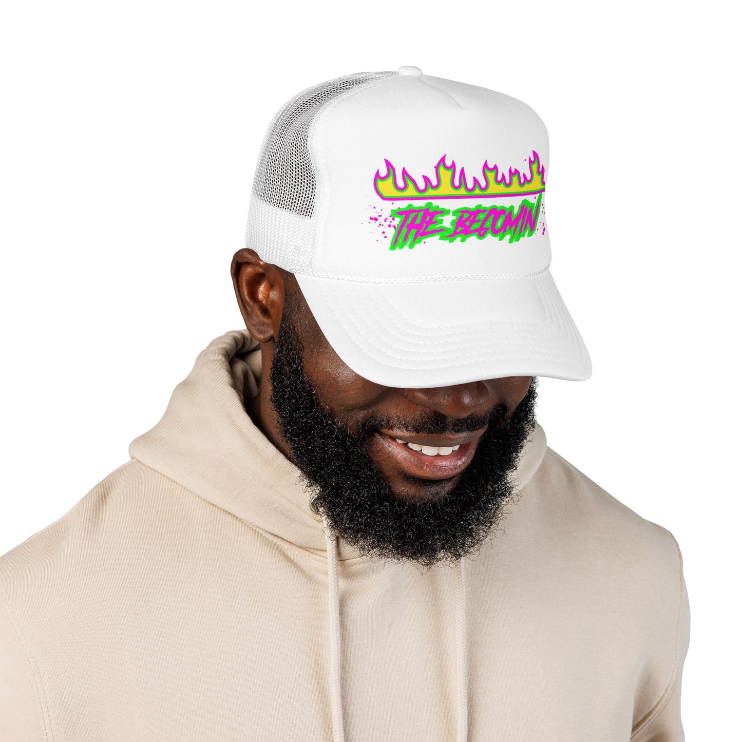 Neon Flame 'The Reccmn' Trucker Hat — Retro 80s Skate Punk Foam Mesh Cap