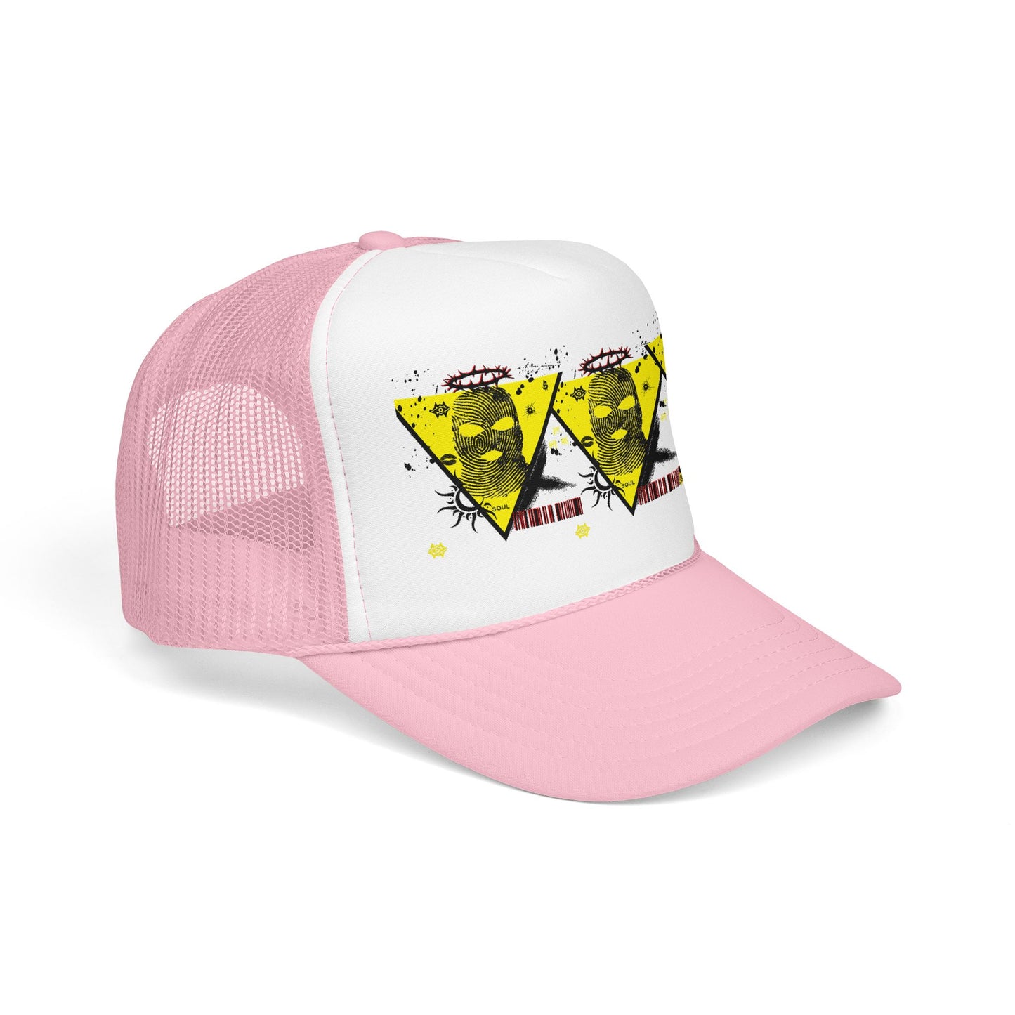 Trucker Hat — Grunge Yellow Skulls Triangle Graphic Foam Cap
