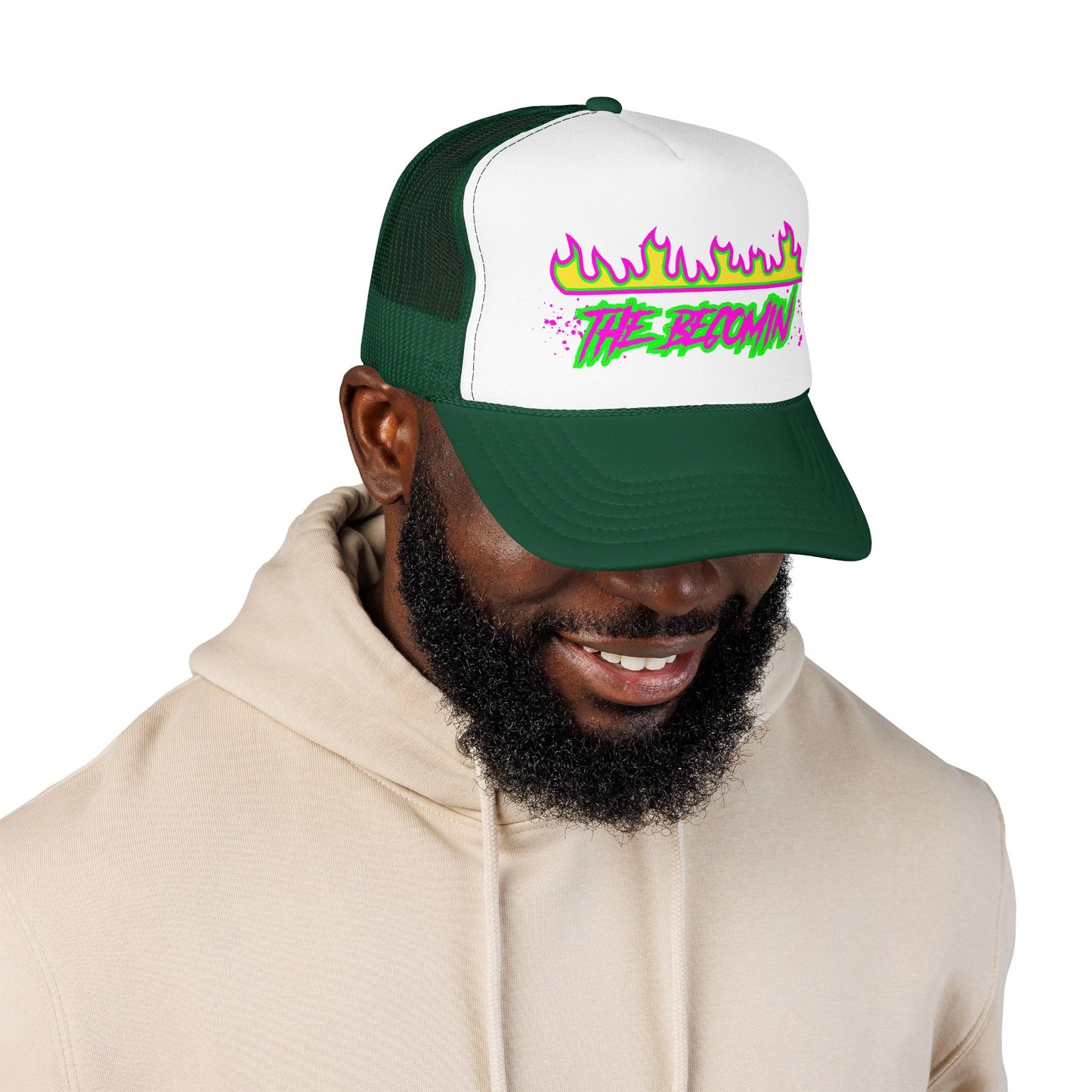Neon Flame 'The Reccmn' Trucker Hat — Retro 80s Skate Punk Foam Mesh Cap