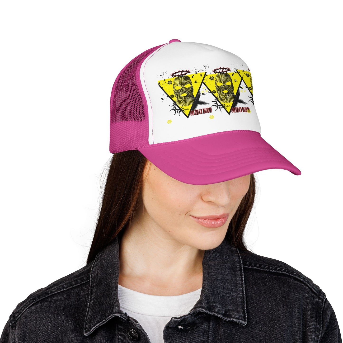 Trucker Hat — Grunge Yellow Skulls Triangle Graphic Foam Cap