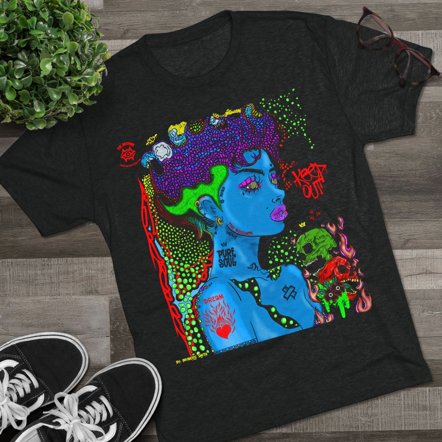 Psychedelic Blue Portrait Tee — Vivid Heart Grasp Graphic T-Shirt
