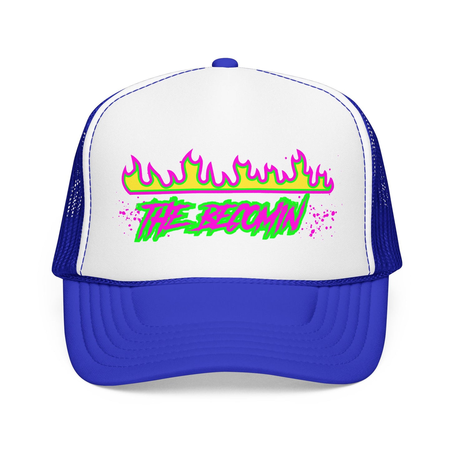 Neon Flame 'The Reccmn' Trucker Hat — Retro 80s Skate Punk Foam Mesh Cap