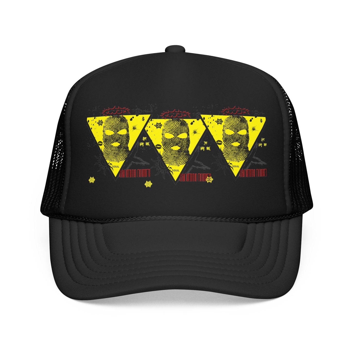 Trucker Hat — Grunge Yellow Skulls Triangle Graphic Foam Cap