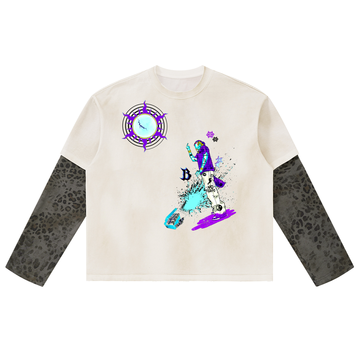 Unisex Vintage Wash Leopard Paneled Layer T-Shirt