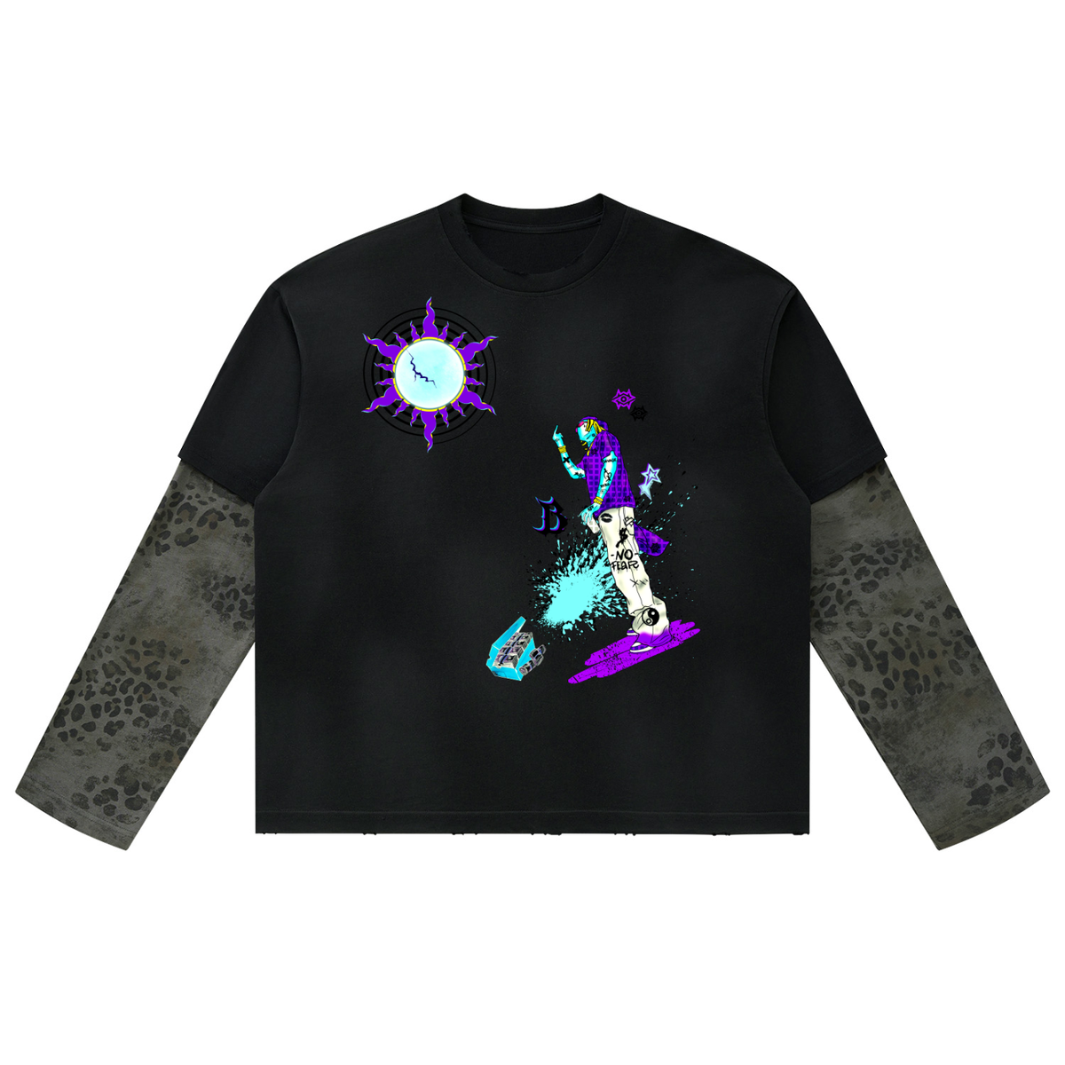 Unisex Vintage Wash Leopard Paneled Layer T-Shirt