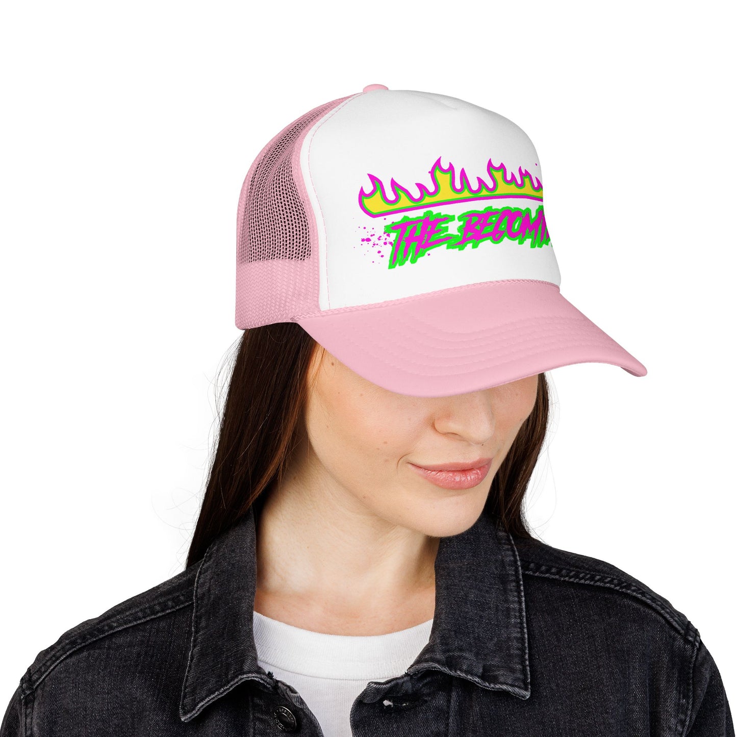 Neon Flame 'The Reccmn' Trucker Hat — Retro 80s Skate Punk Foam Mesh Cap