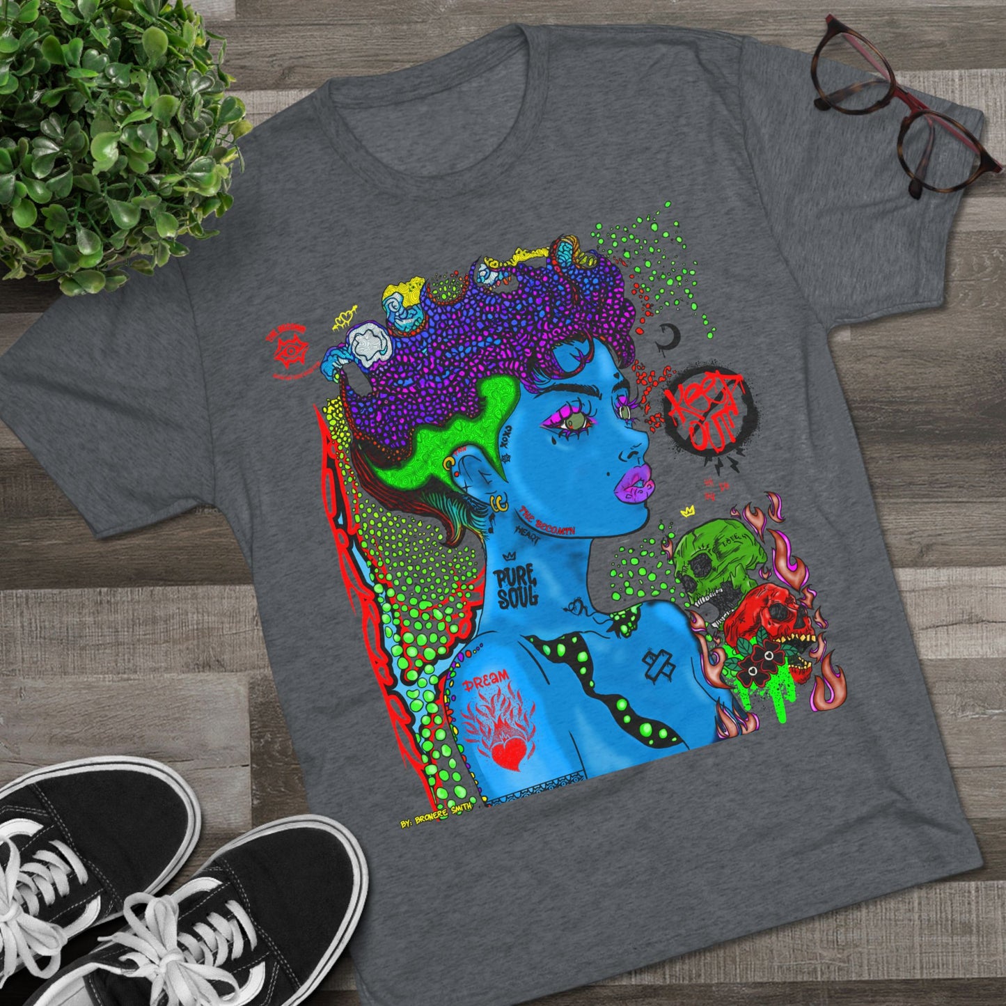 Psychedelic Blue Portrait Tee — Vivid Heart Grasp Graphic T-Shirt