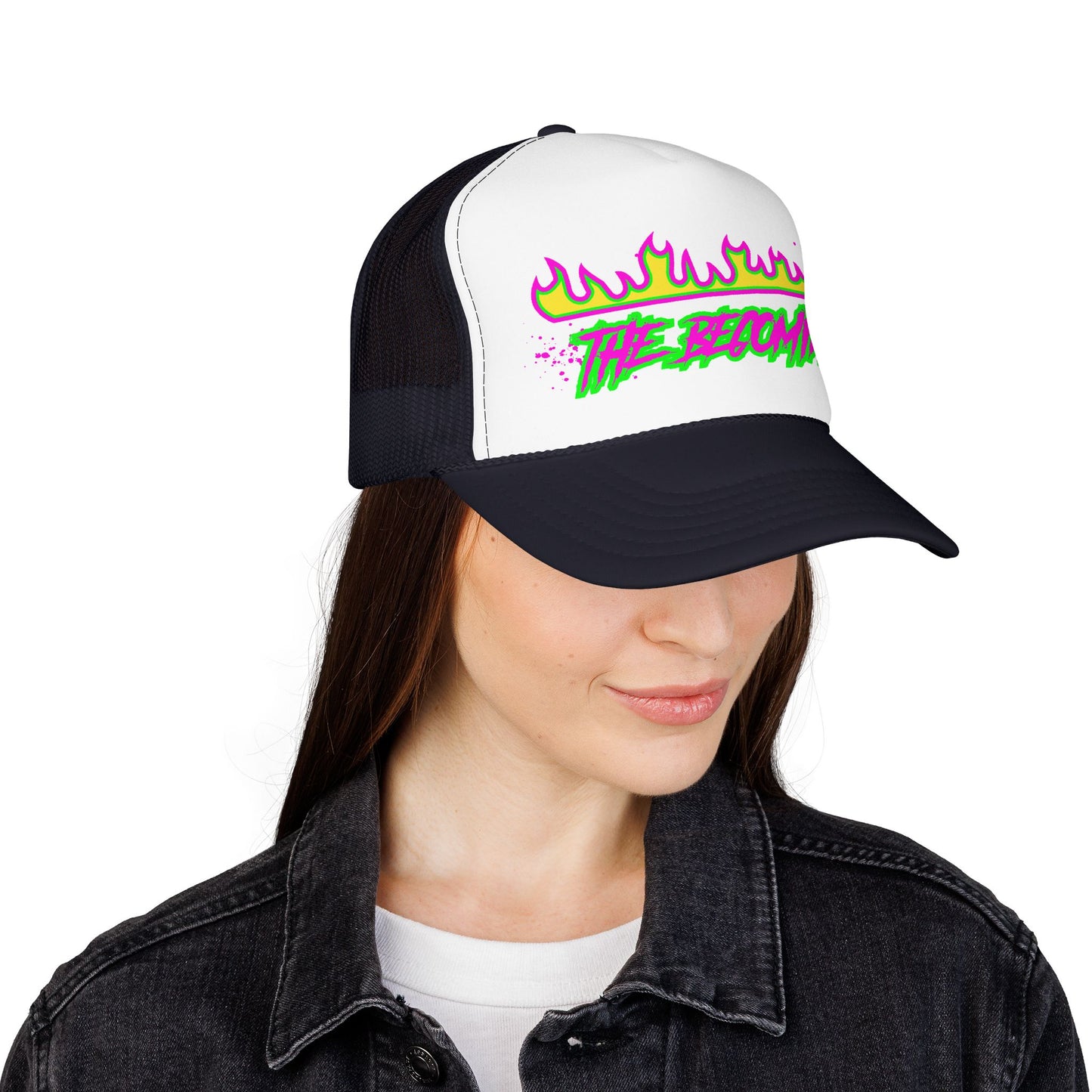 Neon Flame 'The Reccmn' Trucker Hat — Retro 80s Skate Punk Foam Mesh Cap