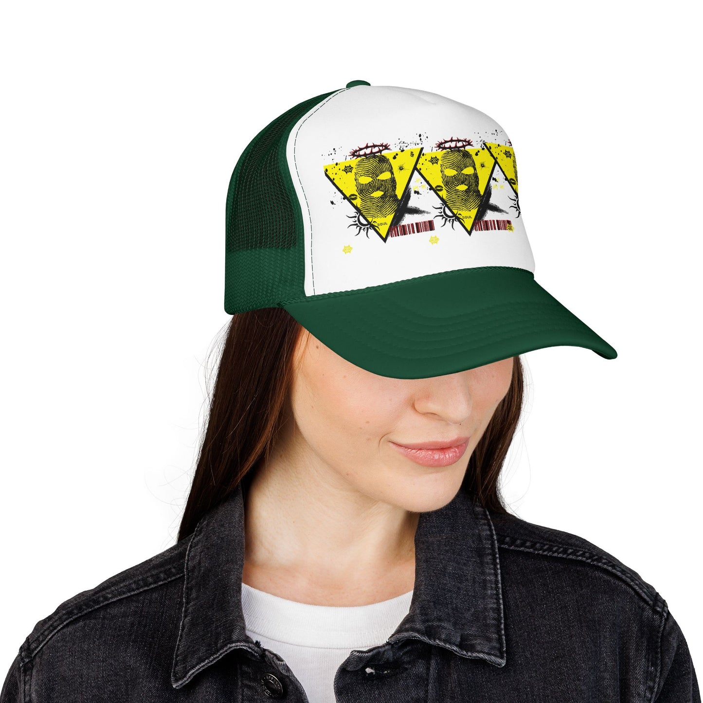 Trucker Hat — Grunge Yellow Skulls Triangle Graphic Foam Cap