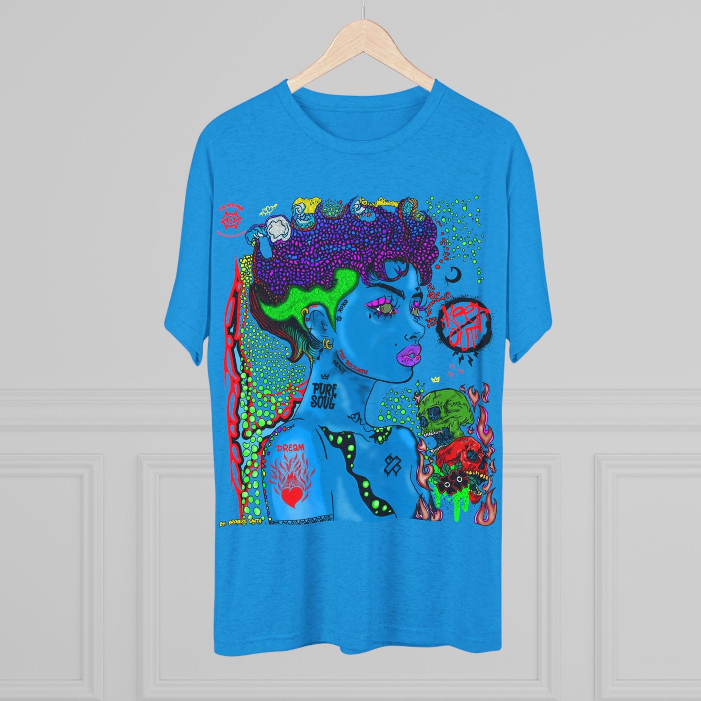 Psychedelic Blue Portrait Tee — Vivid Heart Grasp Graphic T-Shirt
