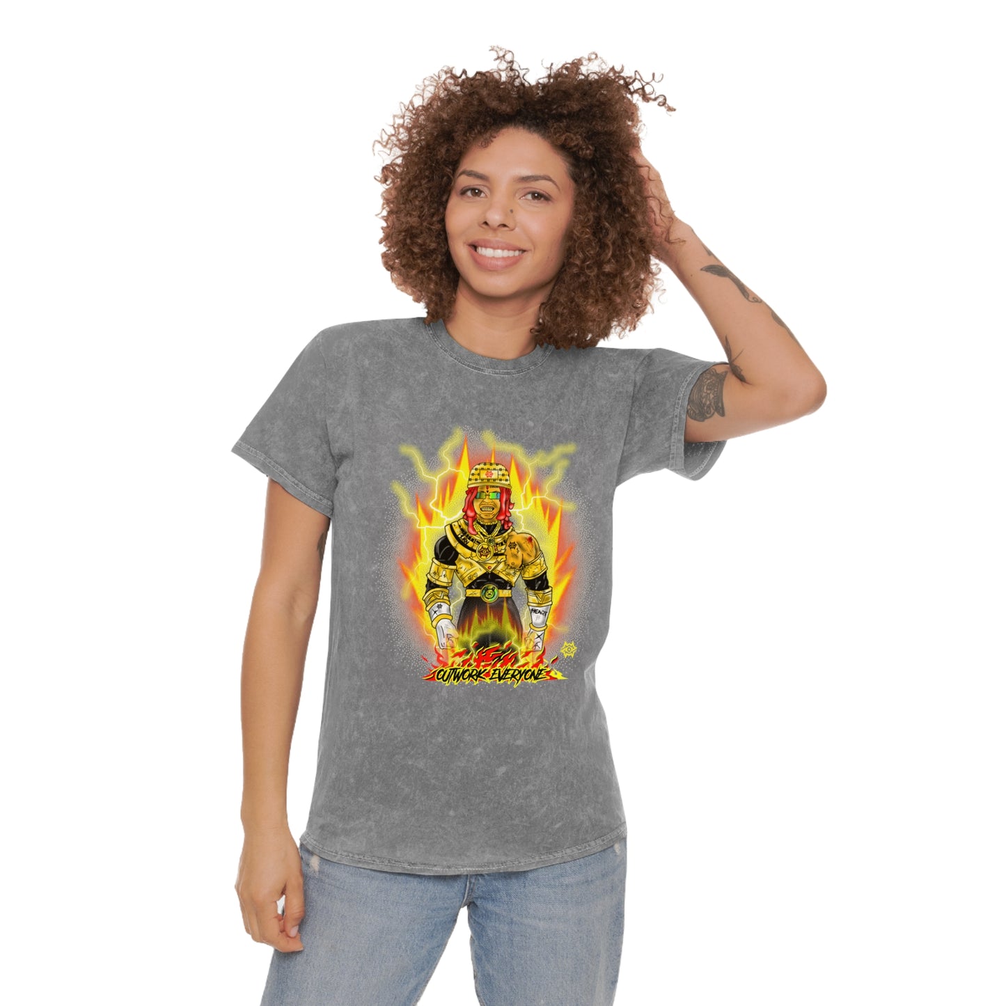 Mineral Wash Graphic Tee — Fiery King Illustration "Outwork Everyone"