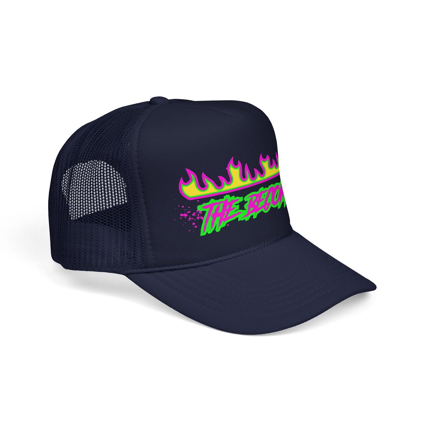 Neon Flame 'The Reccmn' Trucker Hat — Retro 80s Skate Punk Foam Mesh Cap