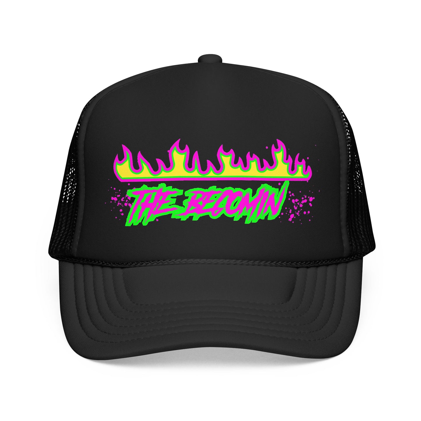 Neon Flame 'The Reccmn' Trucker Hat — Retro 80s Skate Punk Foam Mesh Cap