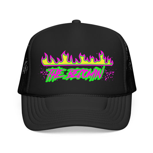 Neon Flame 'The Reccmn' Trucker Hat — Retro 80s Skate Punk Foam Mesh Cap