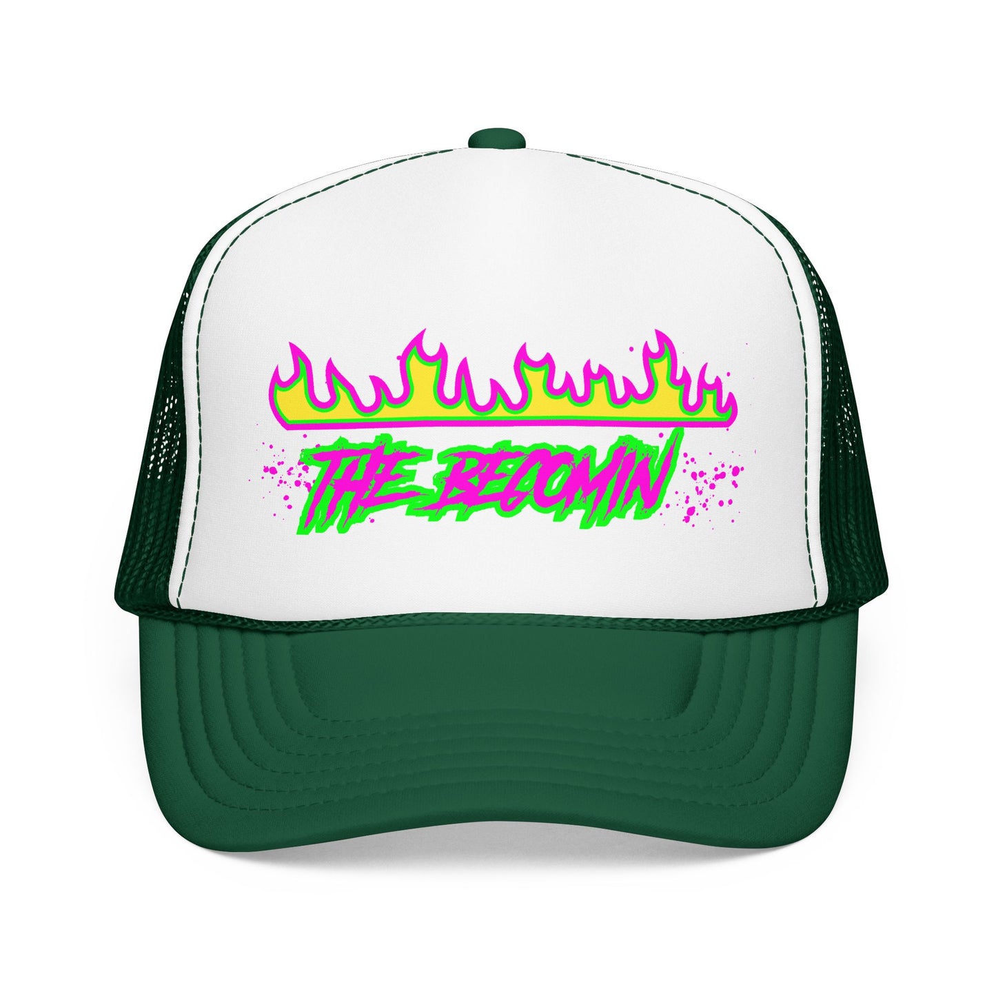 Neon Flame 'The Reccmn' Trucker Hat — Retro 80s Skate Punk Foam Mesh Cap