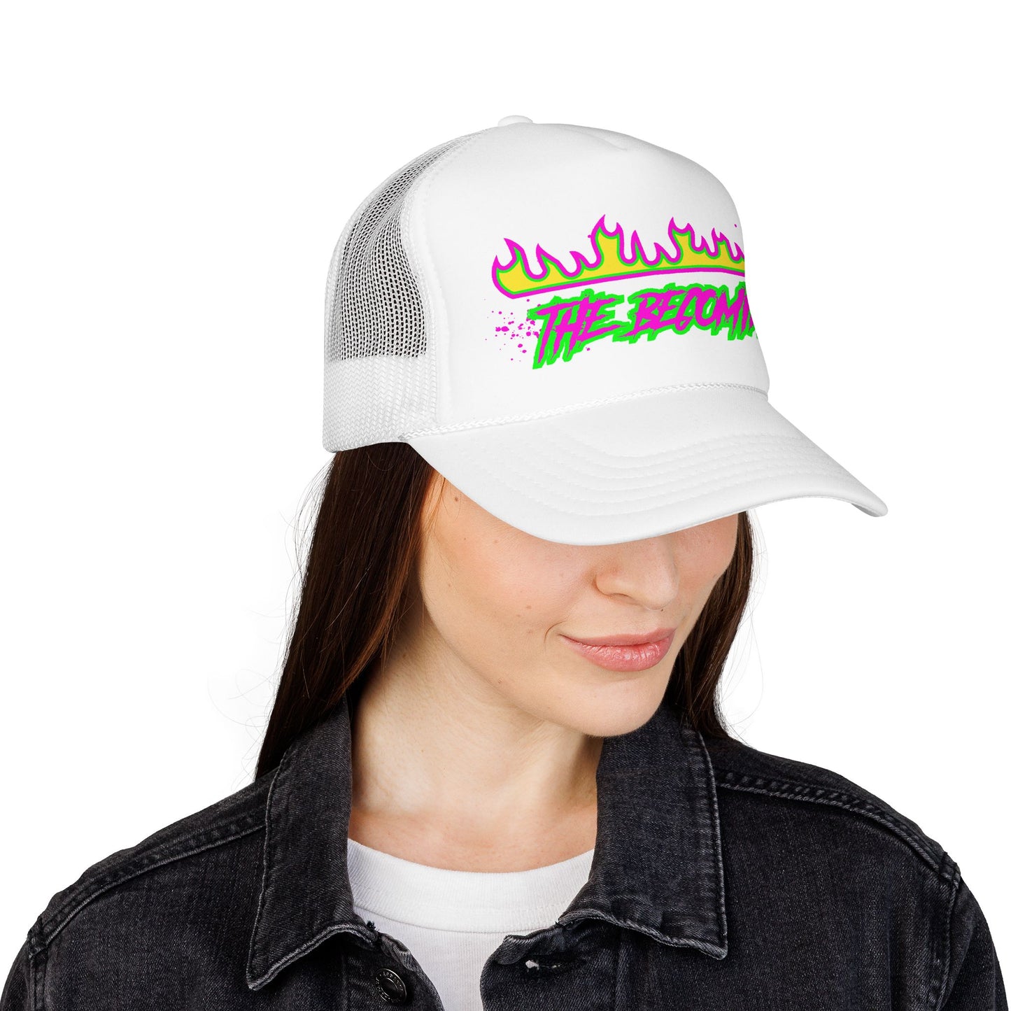 Neon Flame 'The Reccmn' Trucker Hat — Retro 80s Skate Punk Foam Mesh Cap