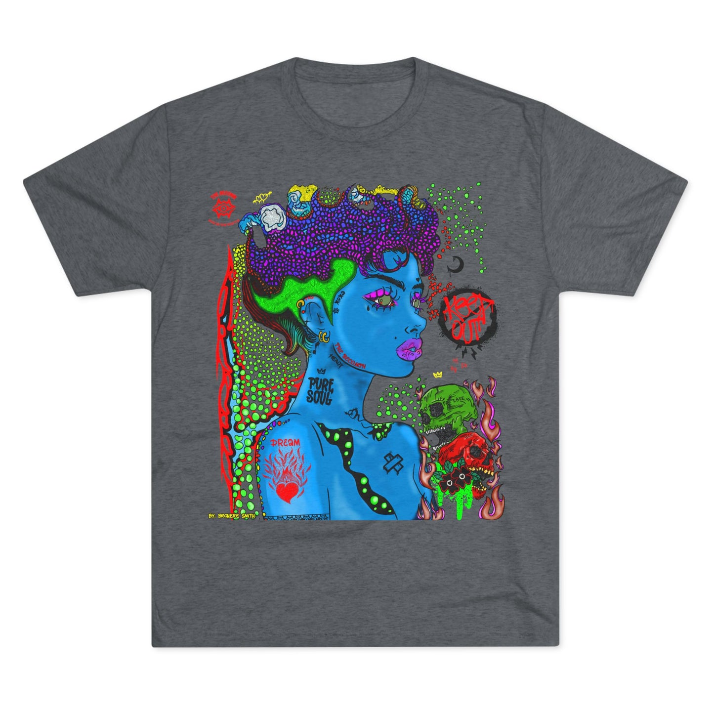 Psychedelic Blue Portrait Tee — Vivid Heart Grasp Graphic T-Shirt
