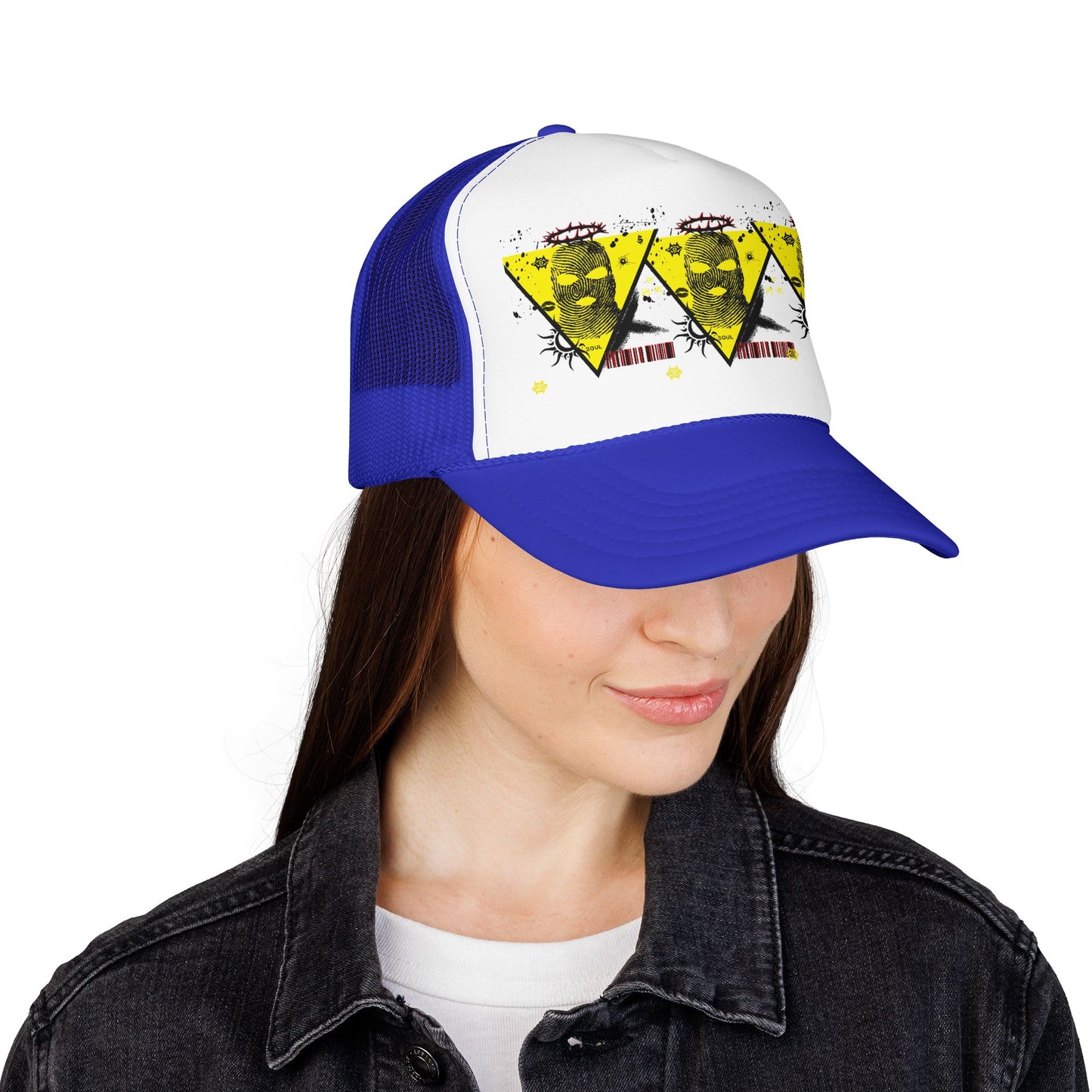 Trucker Hat — Grunge Yellow Skulls Triangle Graphic Foam Cap