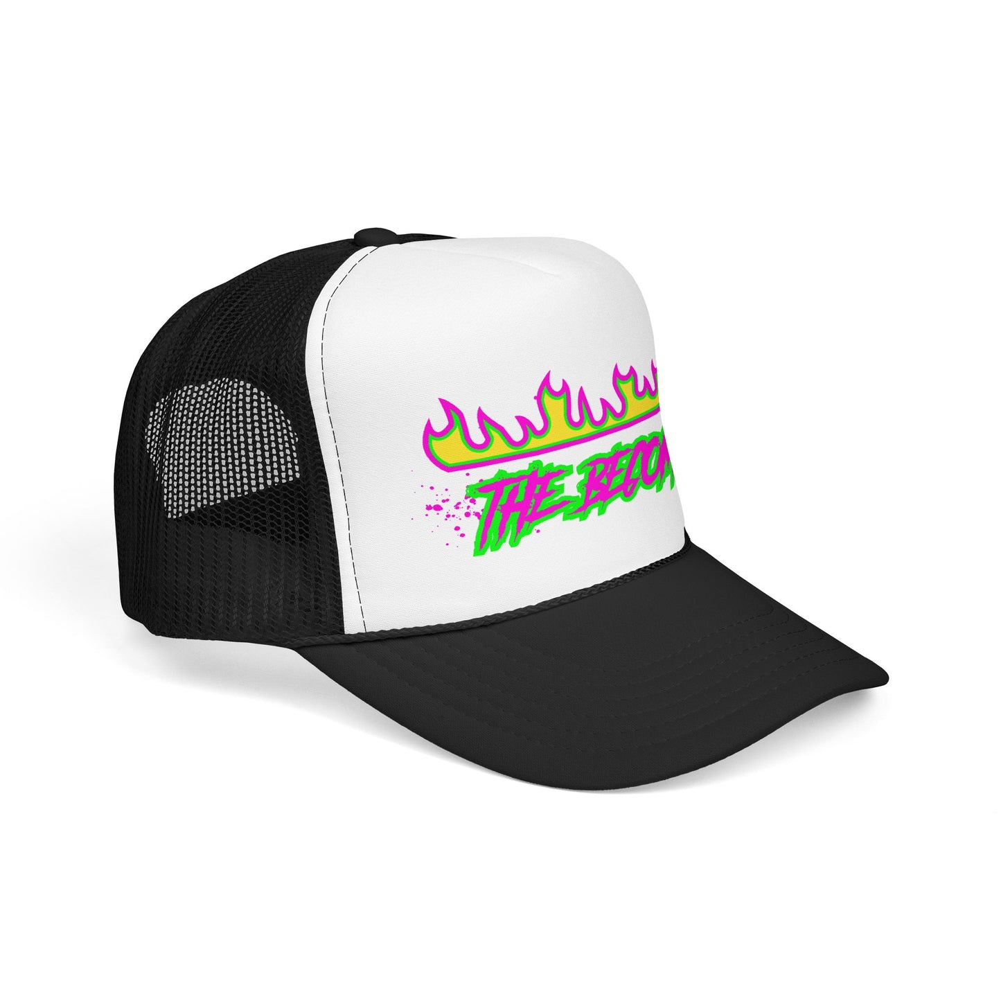 Neon Flame 'The Reccmn' Trucker Hat — Retro 80s Skate Punk Foam Mesh Cap