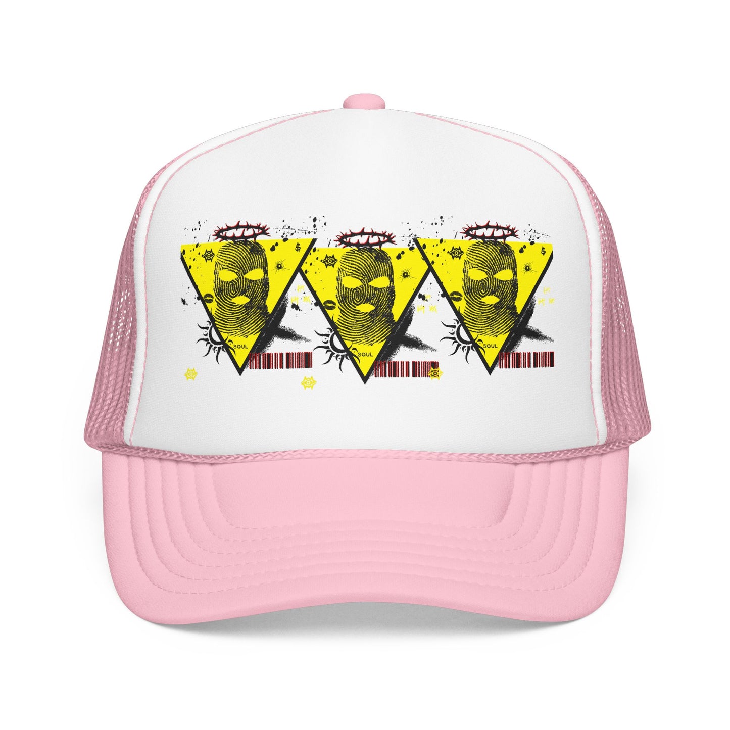 Trucker Hat — Grunge Yellow Skulls Triangle Graphic Foam Cap