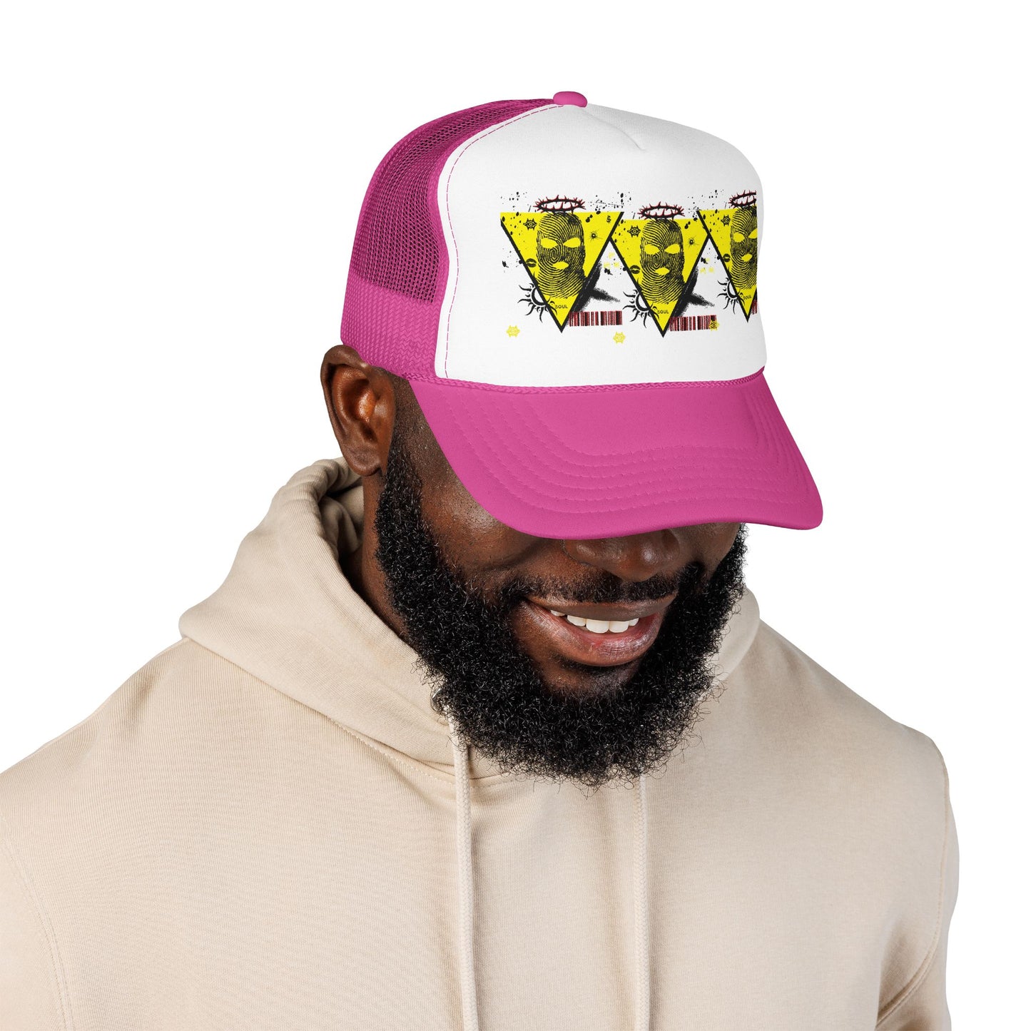 Trucker Hat — Grunge Yellow Skulls Triangle Graphic Foam Cap