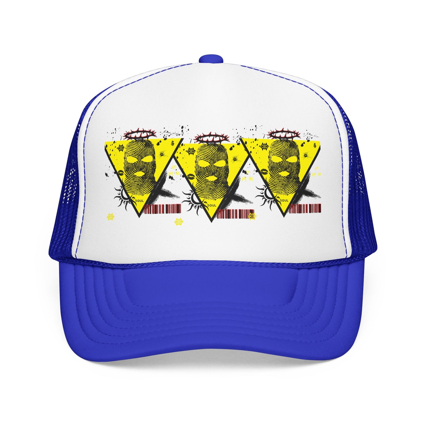 Trucker Hat — Grunge Yellow Skulls Triangle Graphic Foam Cap