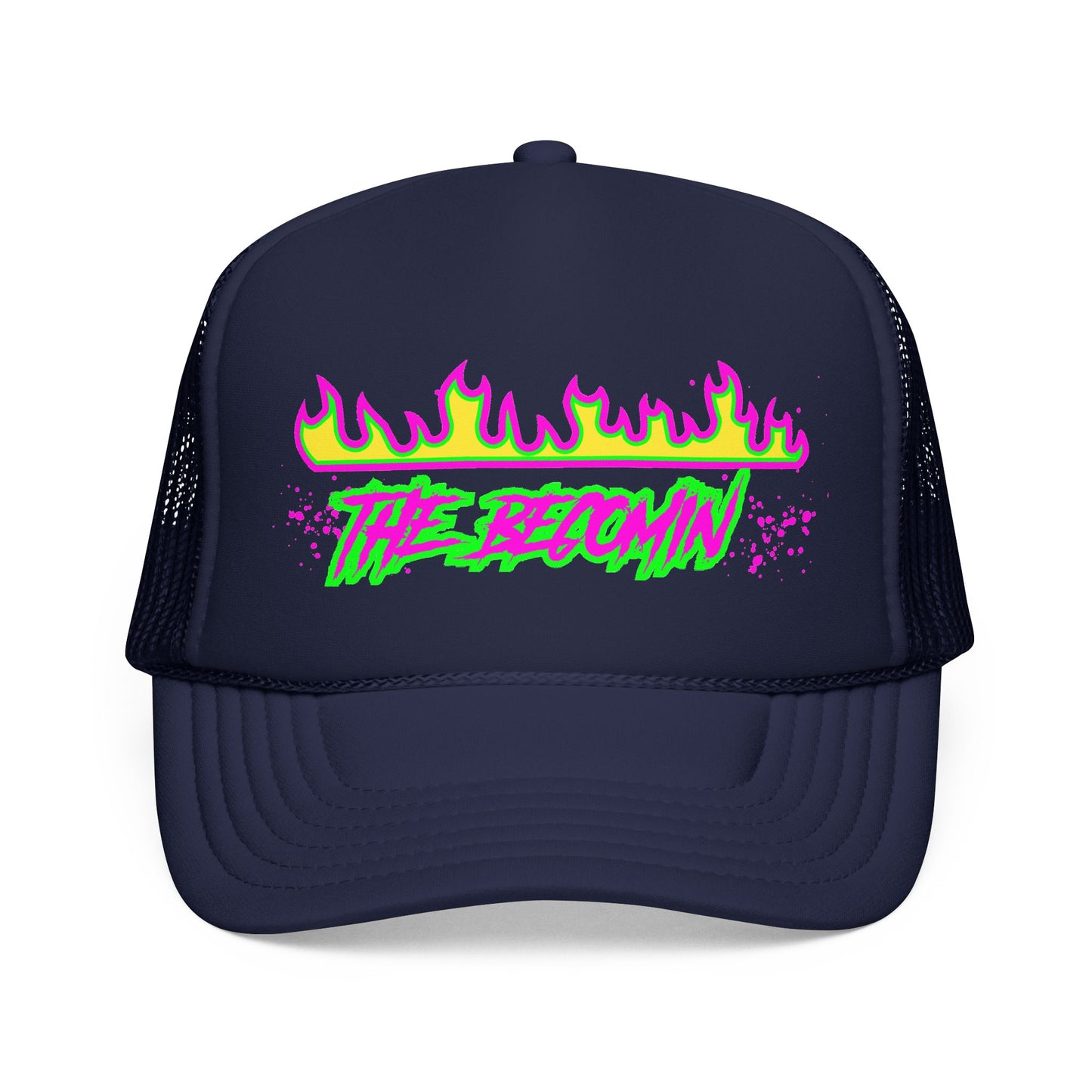 Neon Flame 'The Reccmn' Trucker Hat — Retro 80s Skate Punk Foam Mesh Cap