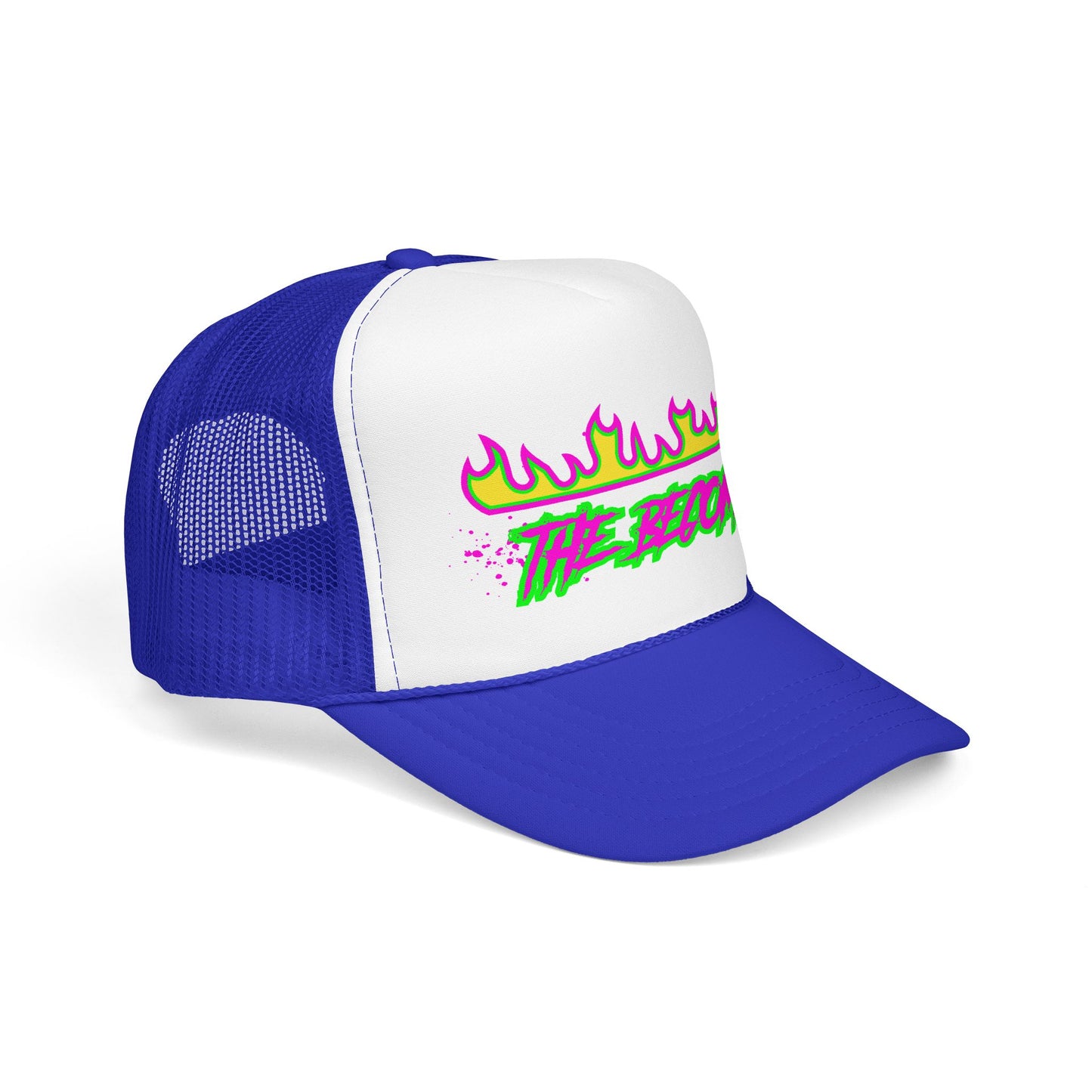 Neon Flame 'The Reccmn' Trucker Hat — Retro 80s Skate Punk Foam Mesh Cap