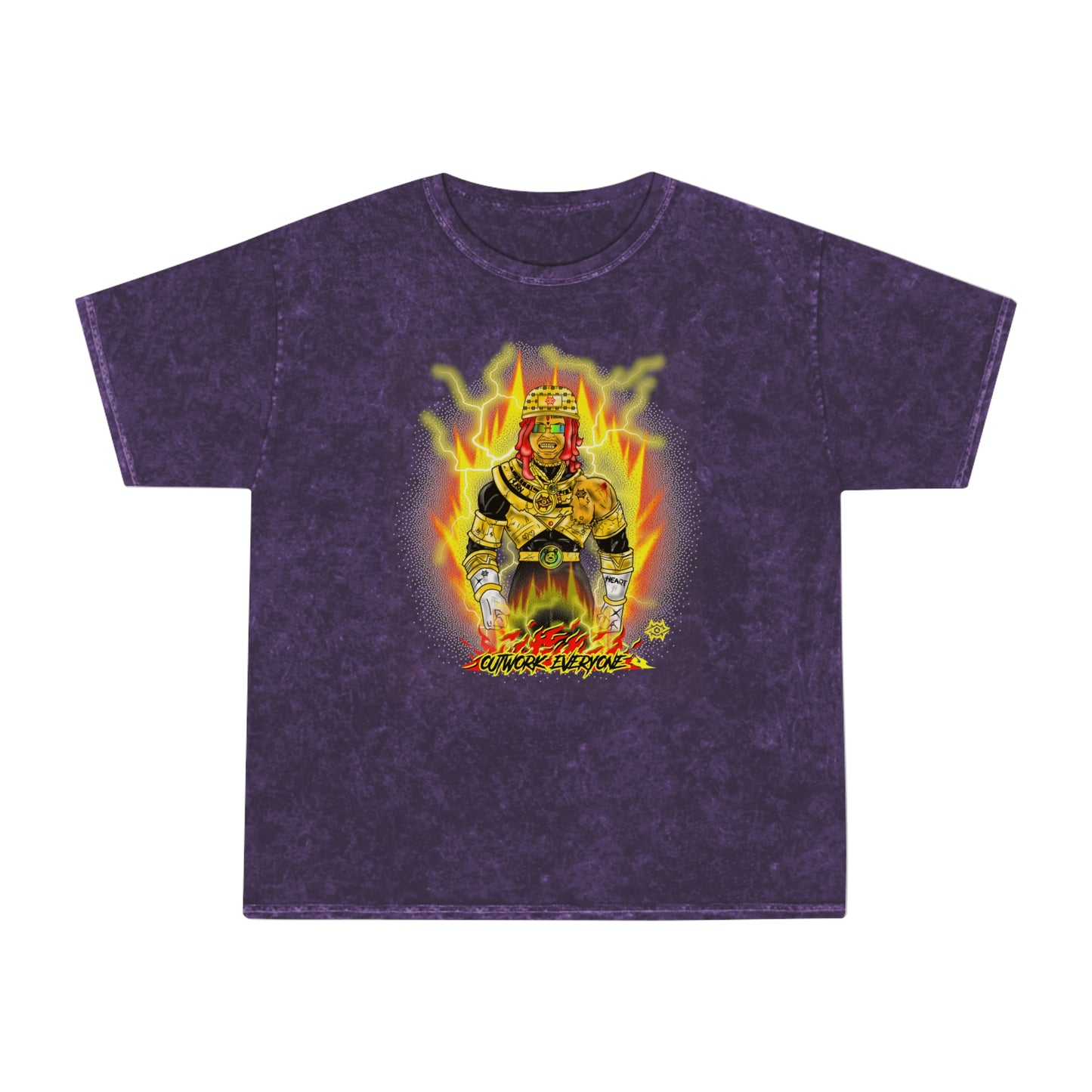Mineral Wash Graphic Tee — Fiery King Illustration "Outwork Everyone"