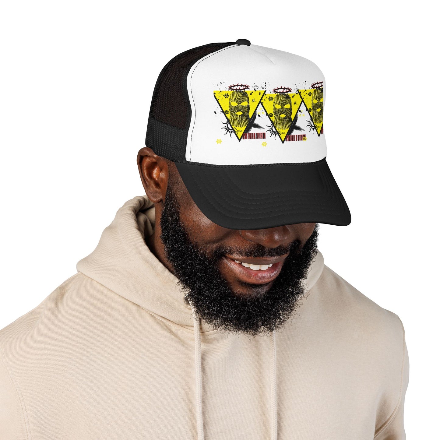 Trucker Hat — Grunge Yellow Skulls Triangle Graphic Foam Cap