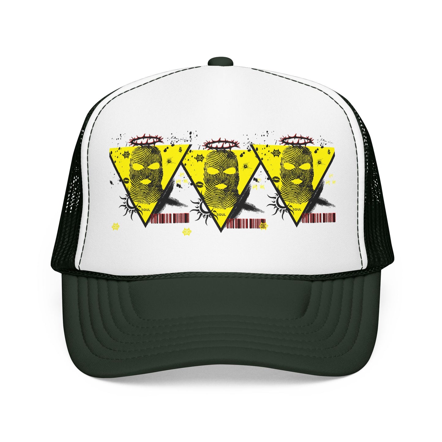 Trucker Hat — Grunge Yellow Skulls Triangle Graphic Foam Cap