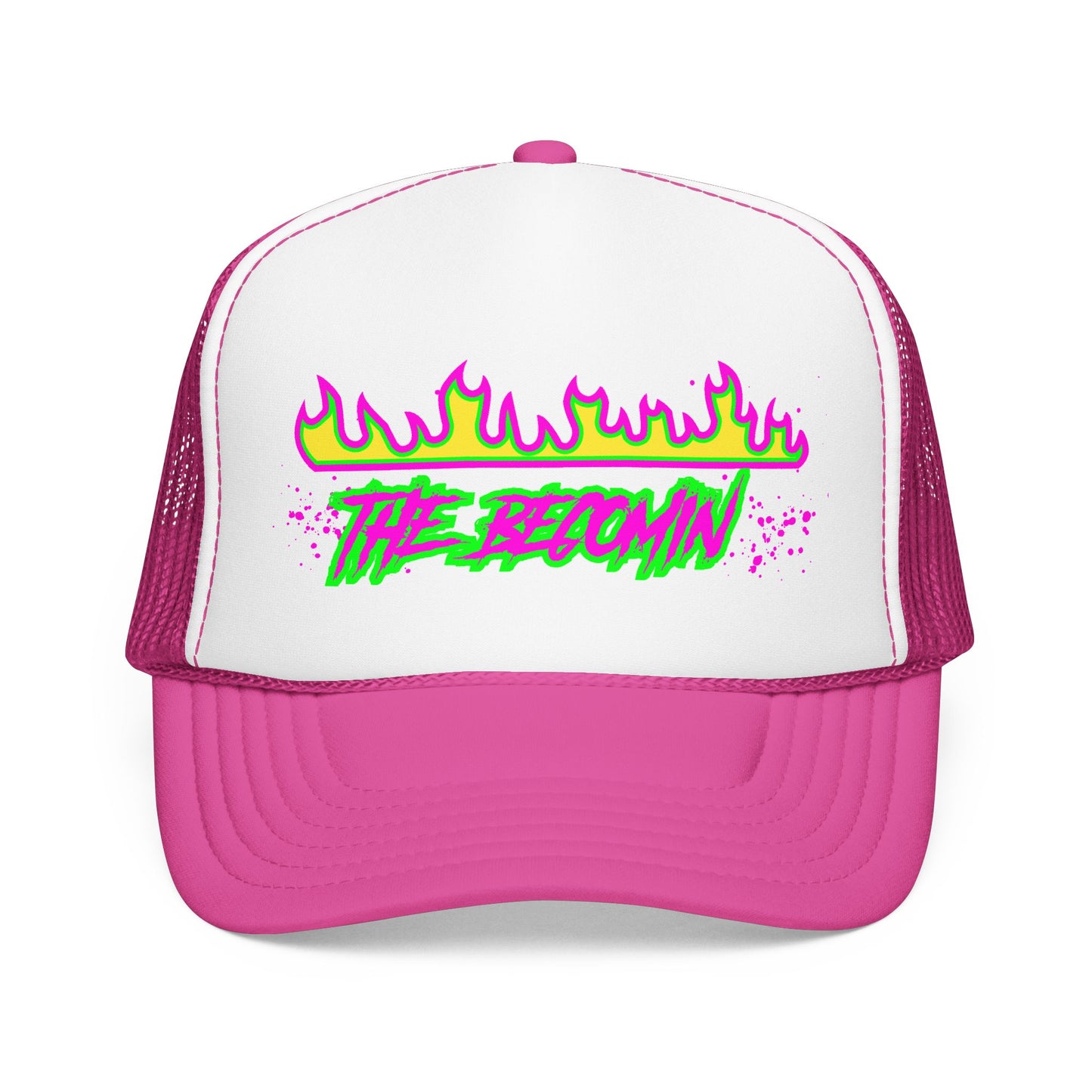 Neon Flame 'The Reccmn' Trucker Hat — Retro 80s Skate Punk Foam Mesh Cap