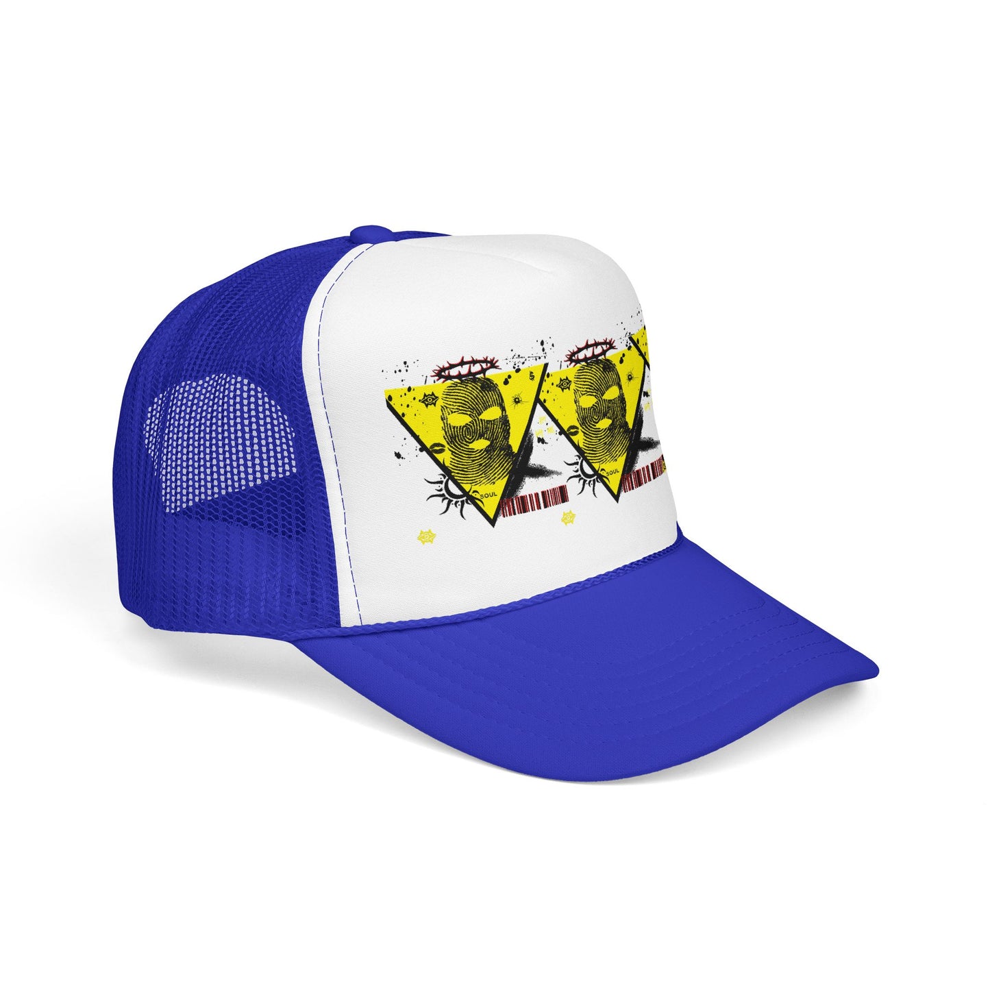 Trucker Hat — Grunge Yellow Skulls Triangle Graphic Foam Cap