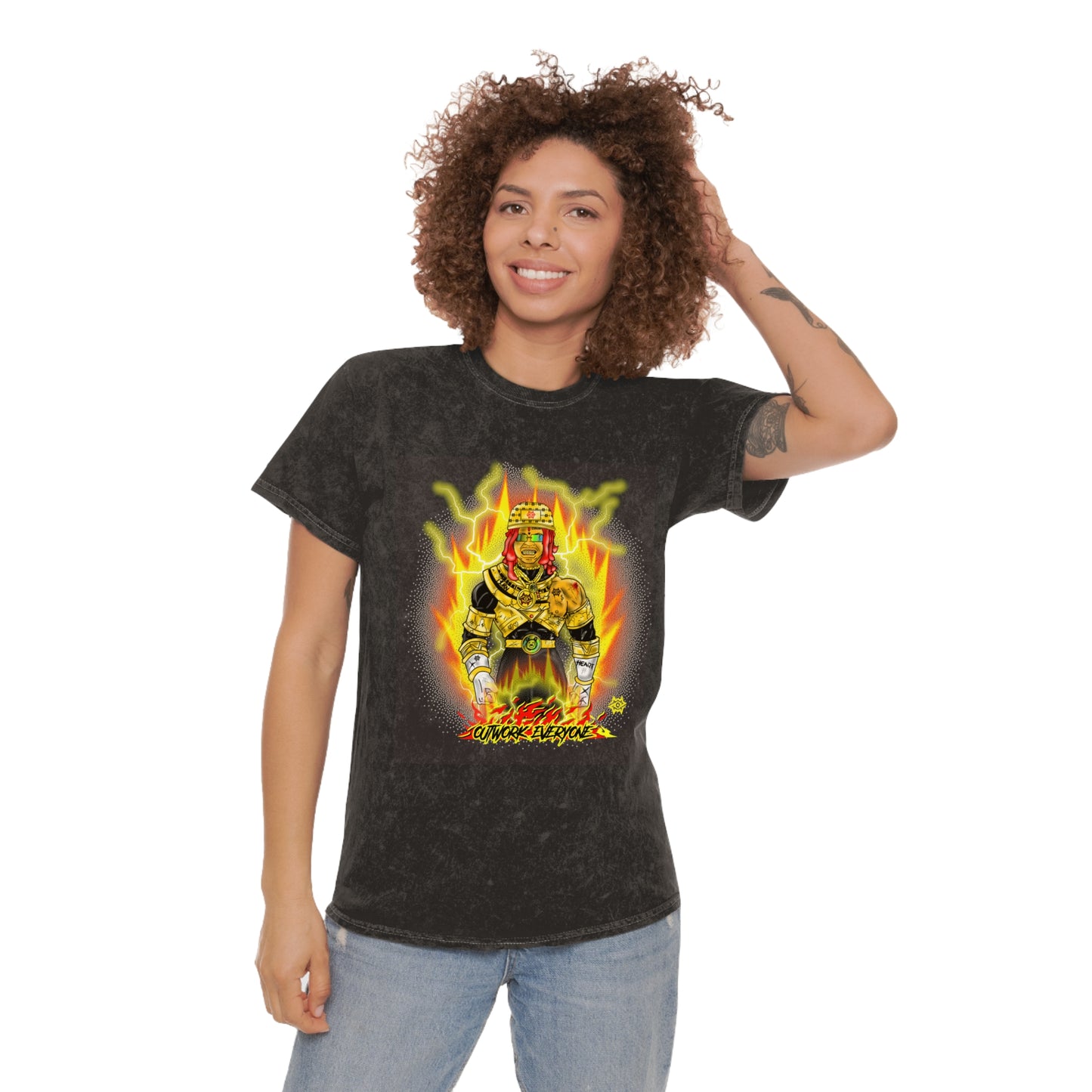 Mineral Wash Graphic Tee — Fiery King Illustration "Outwork Everyone"