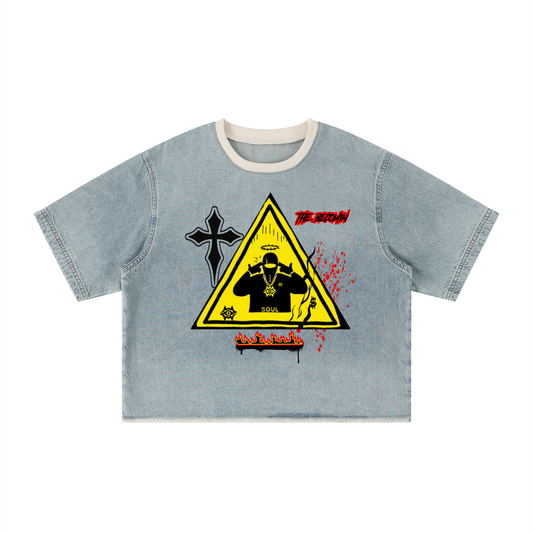 Unisex Vintage Wash Boxy Raw Hem Denim T-Shirt