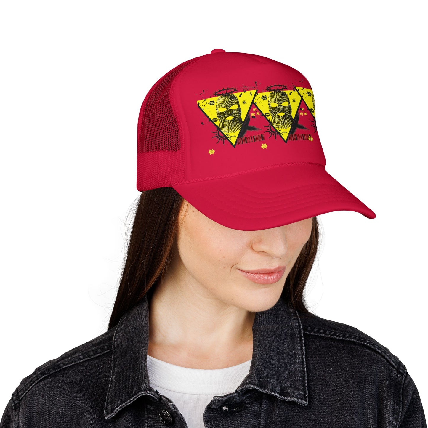 Trucker Hat — Grunge Yellow Skulls Triangle Graphic Foam Cap